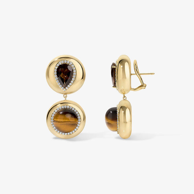 Tiger's Eye and Smoky Quartz Candy Button Drop Earrings