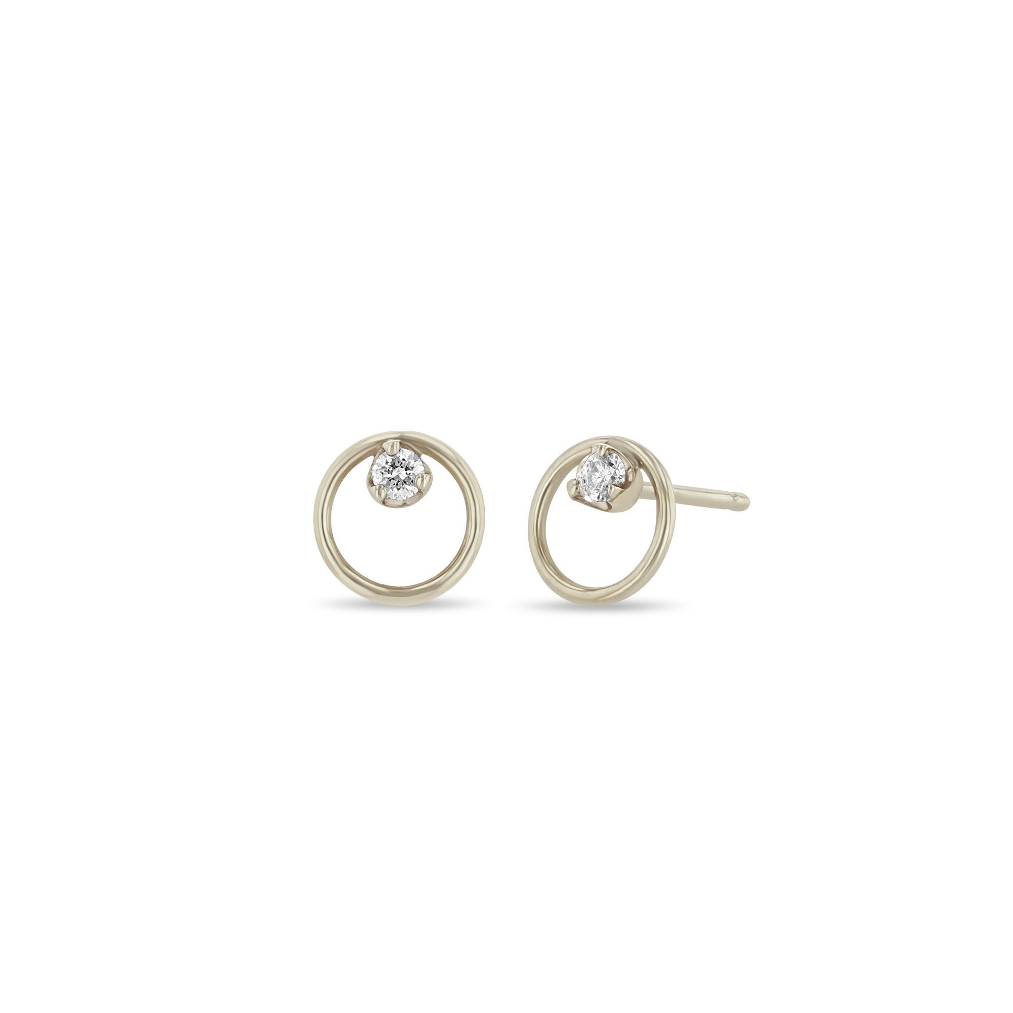 Gold Circle Studs with Prong Set Diamond