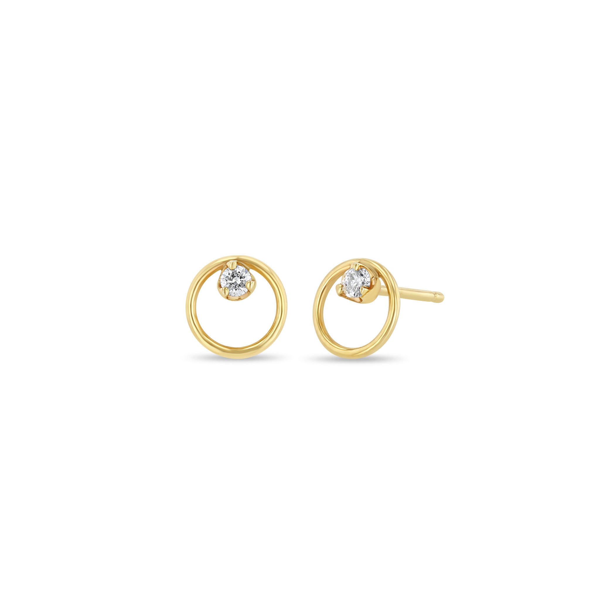 Gold Circle Studs with Prong Set Diamond