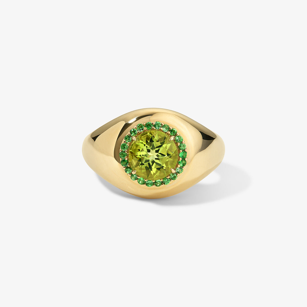 Peridot Candy Button Signet Ring 14K Yellow Gold