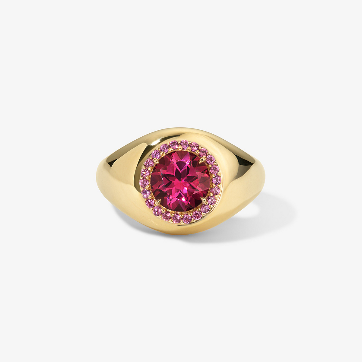 Pink Topaz Candy Button Signet Ring 14K Yellow Gold