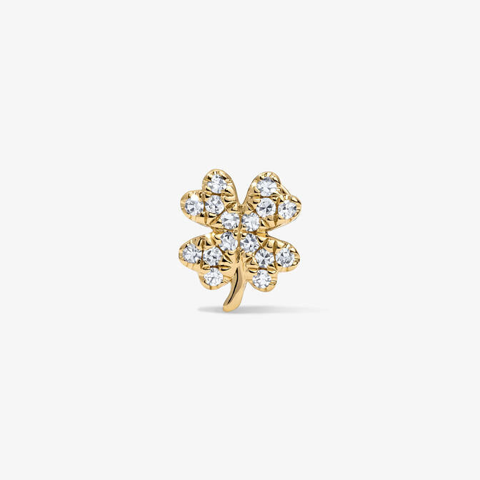 Mini Token Pave Four Leaf Clover Studs 14K Yellow Gold Single