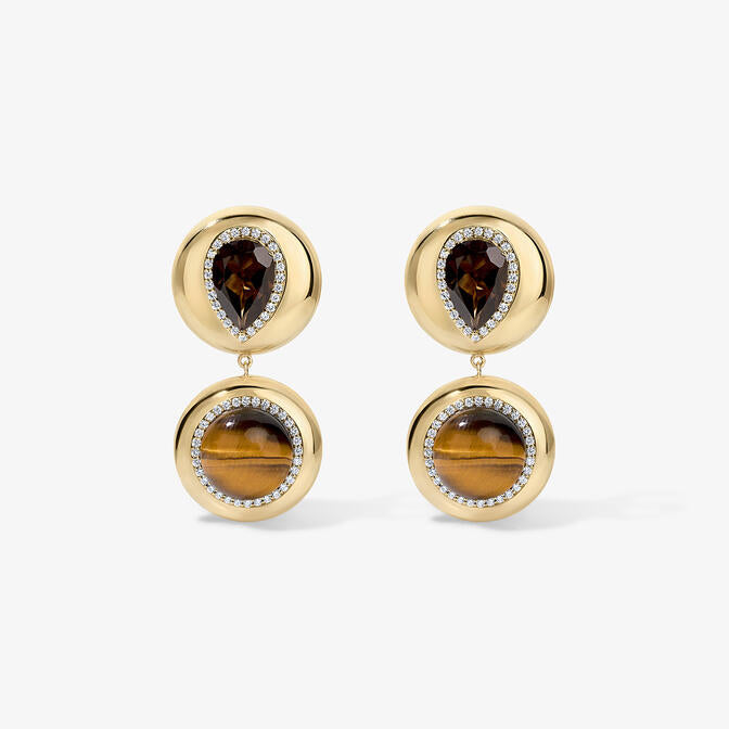 Tiger's Eye and Smoky Quartz Candy Button Drop Earrings