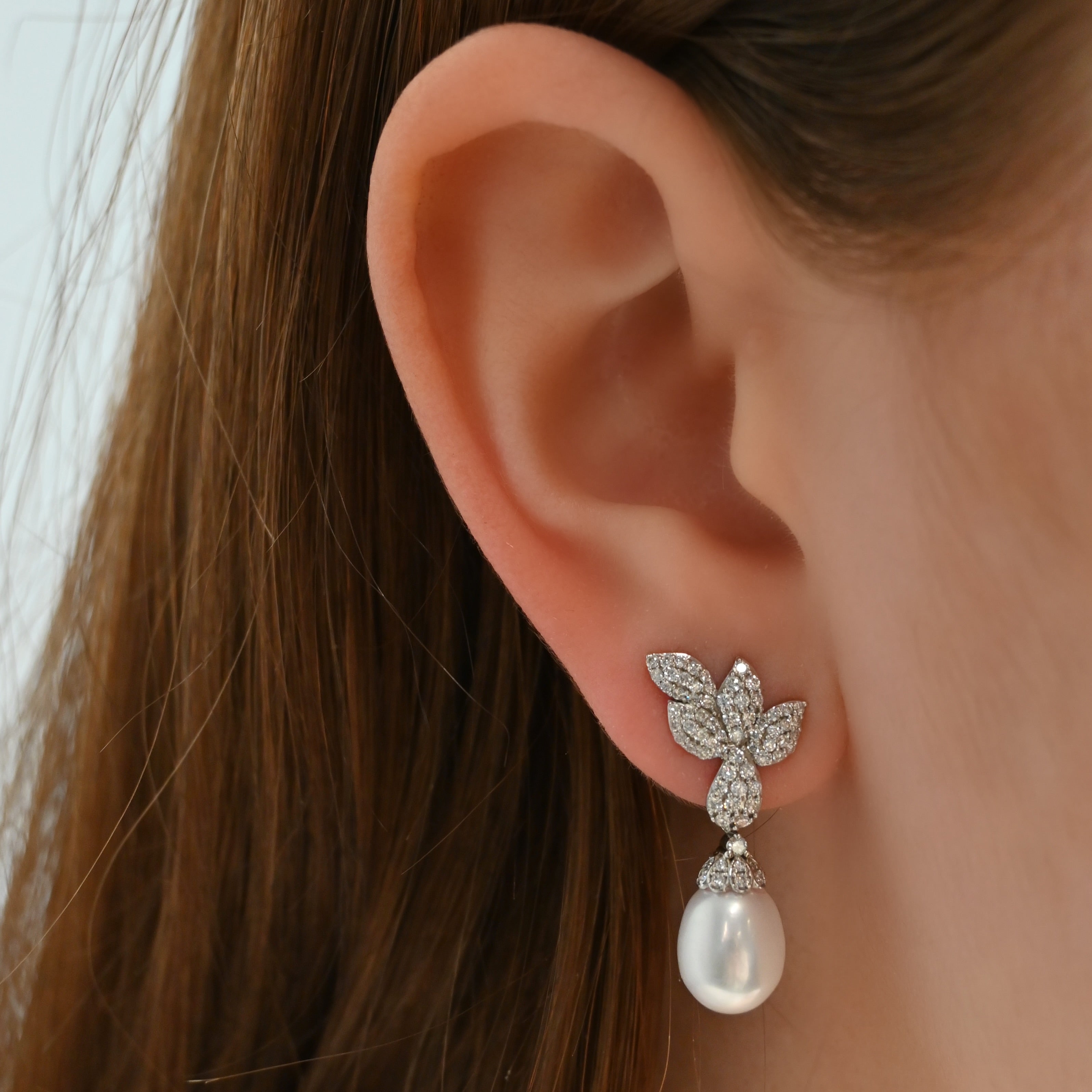 Pave Petal and Pearl Drop Earrings