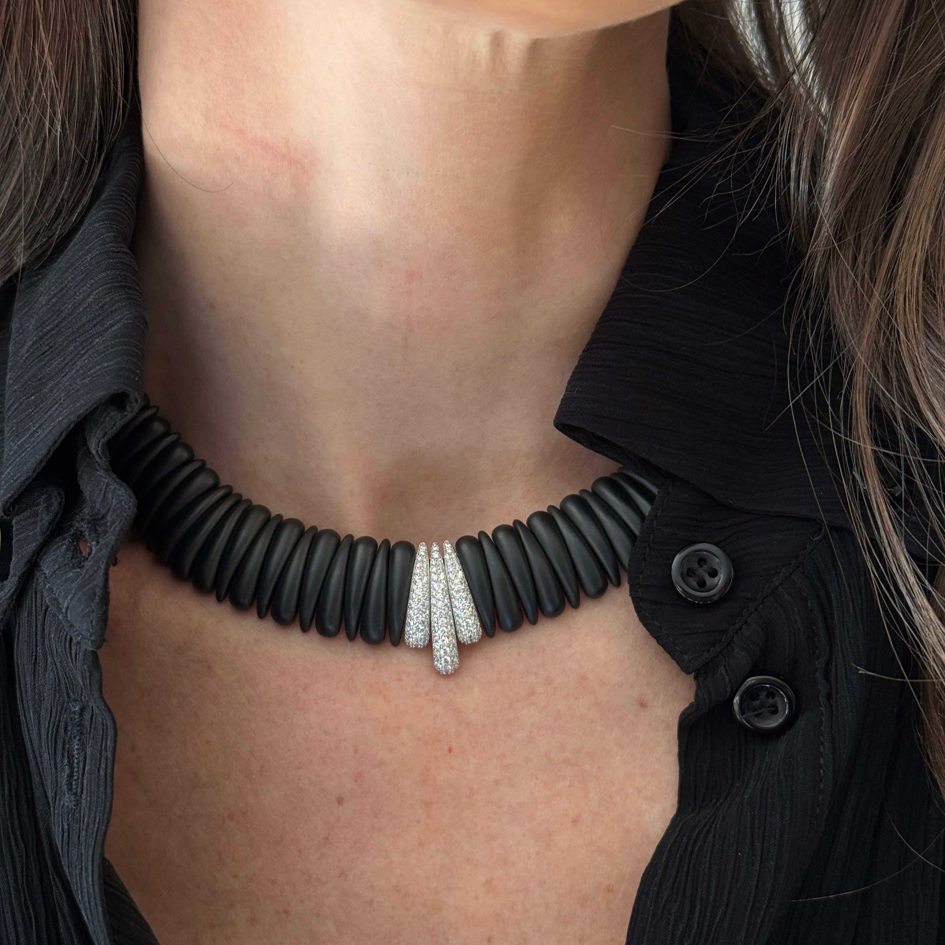 Black Ceramic Necklace with Diamond Bar Center