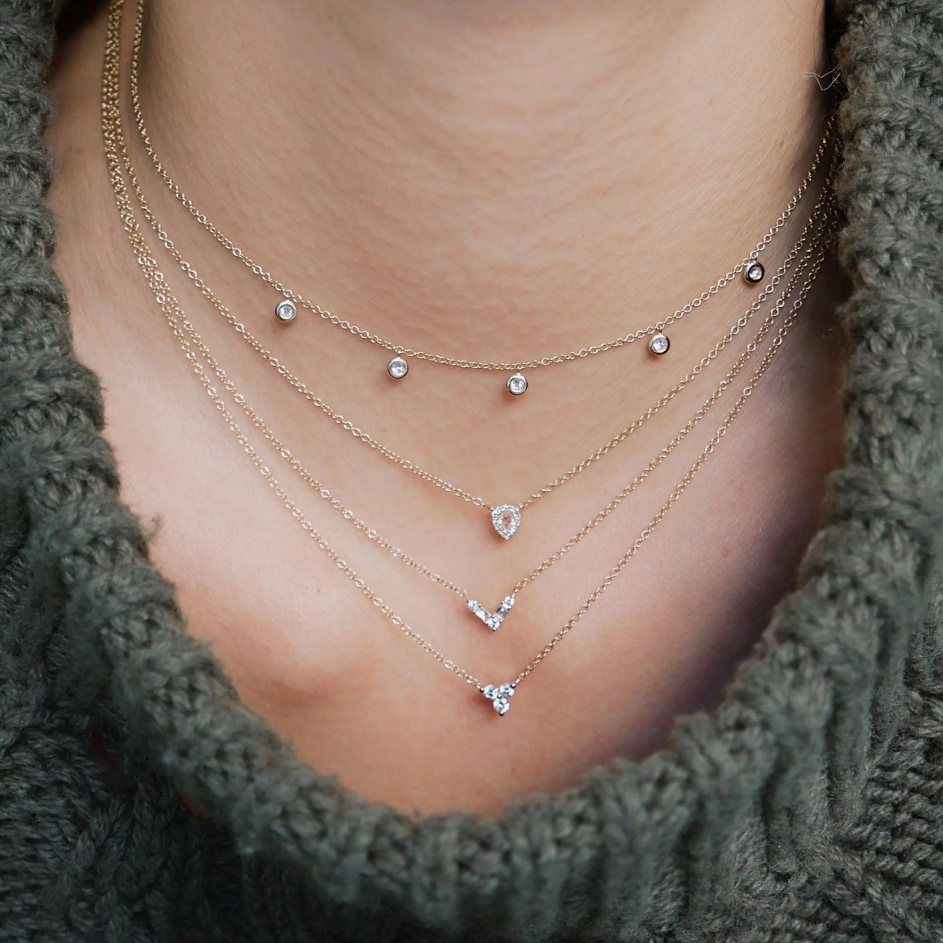Diamond Necklace, Bezel Set Sideways Pear Shape in White, Yellow or Ro