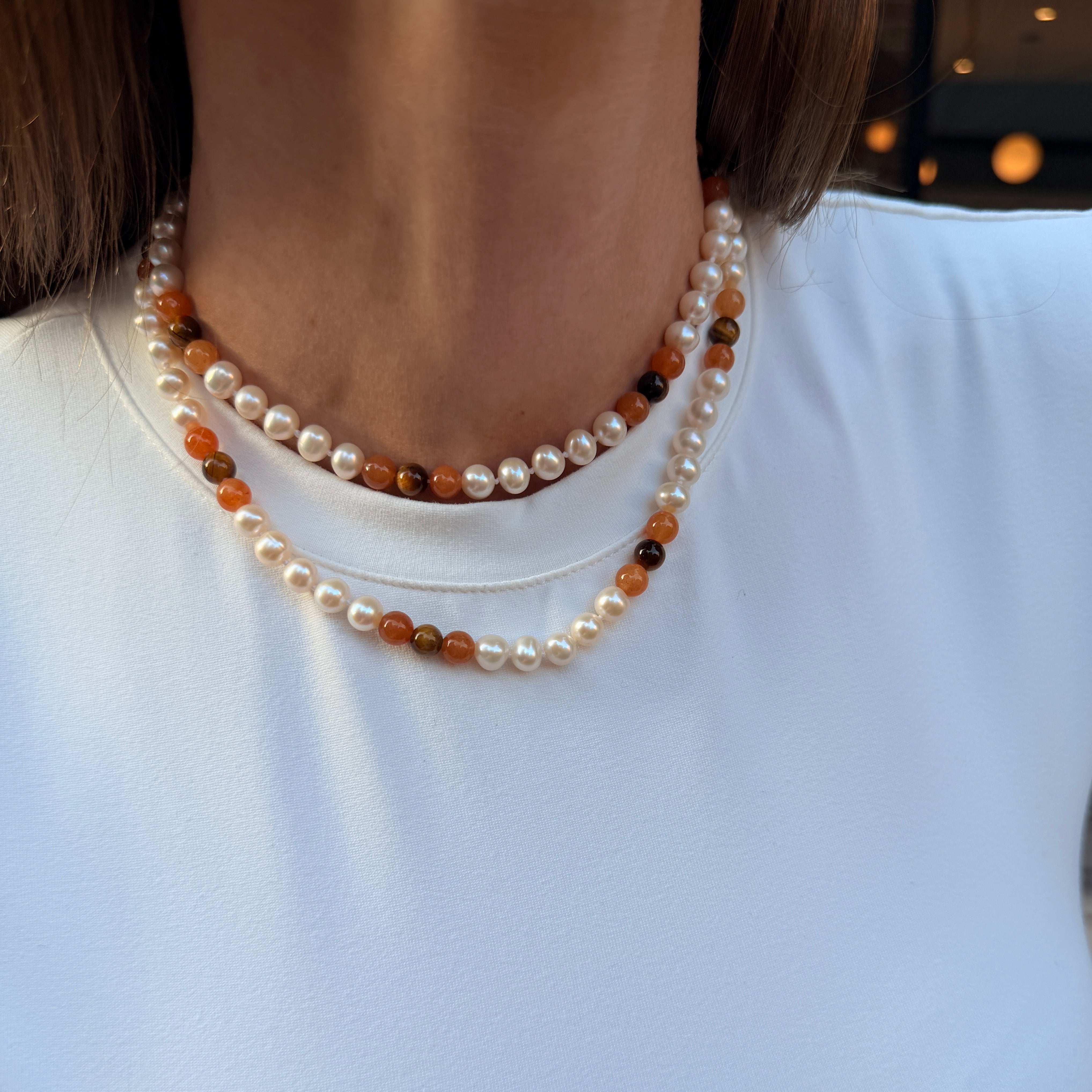 Kendall Pearl Necklace with Tigers Eye & Red Aventurine