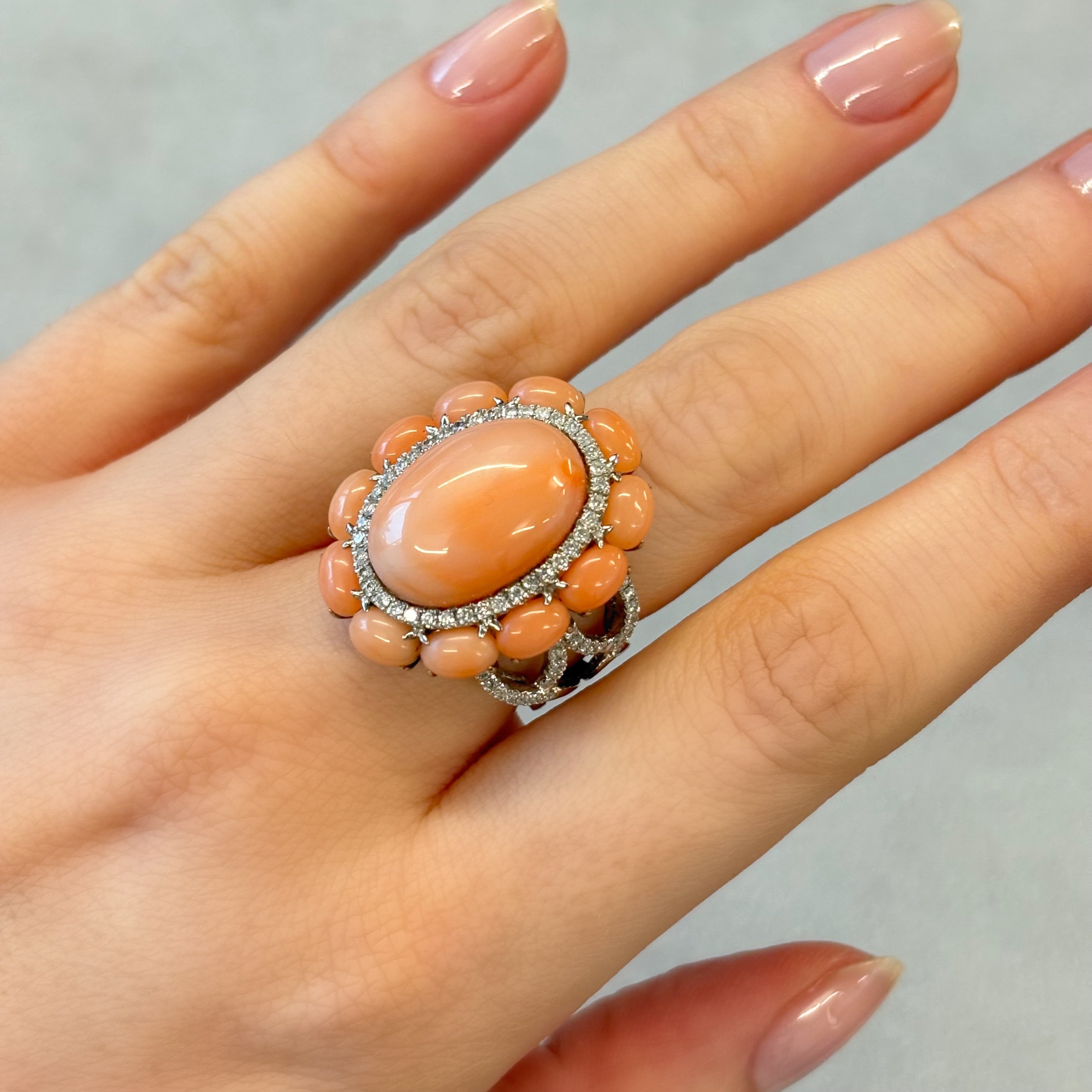 Angel Skin Coral and Diamond Cocktail Ring