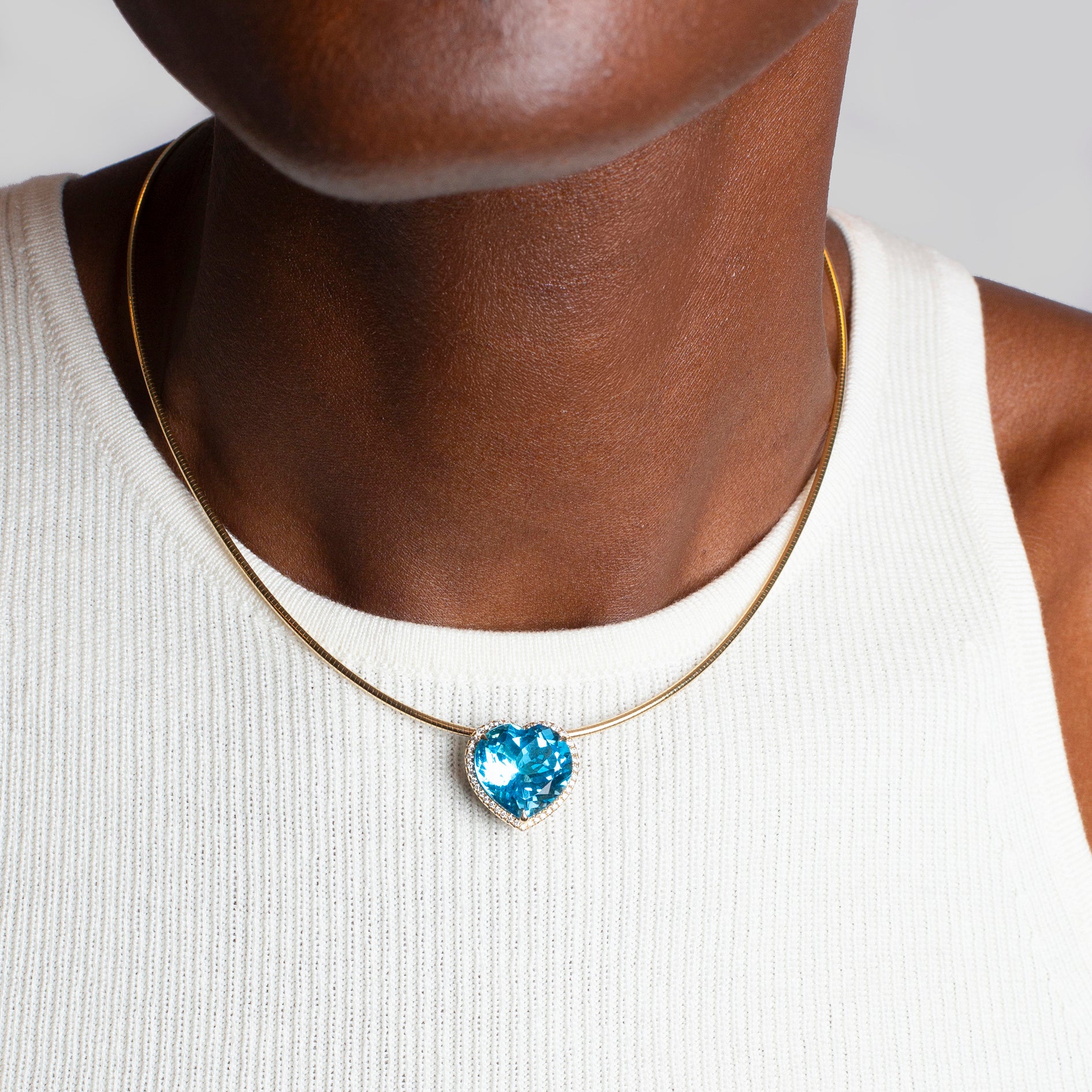 Swiss Blue Topaz Heart Candy Button Pendant on Omega Chain