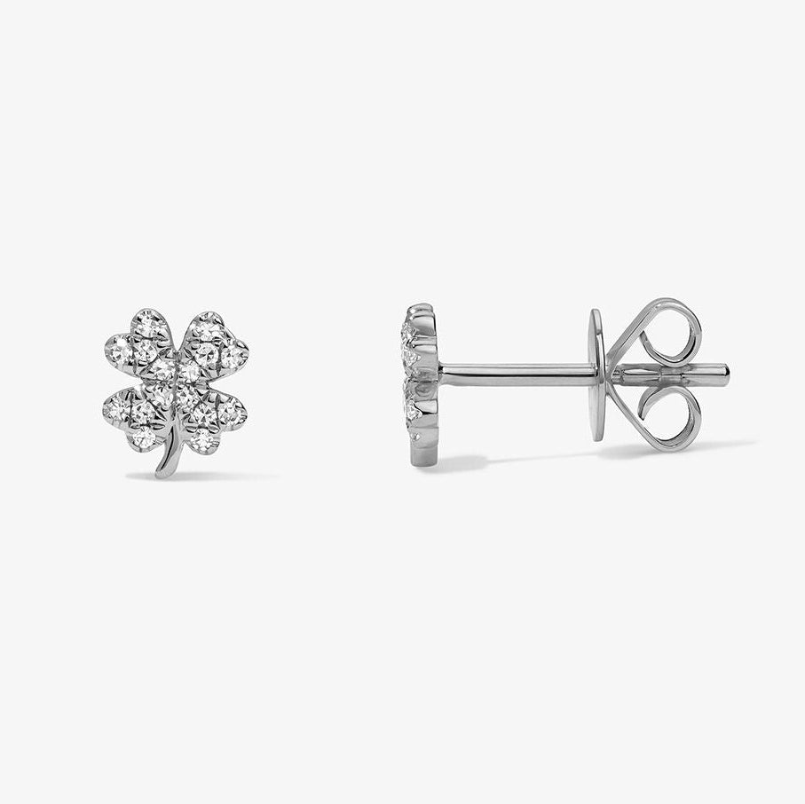 Mini Token Pave Four Leaf Clover Studs 14K White Gold Pair