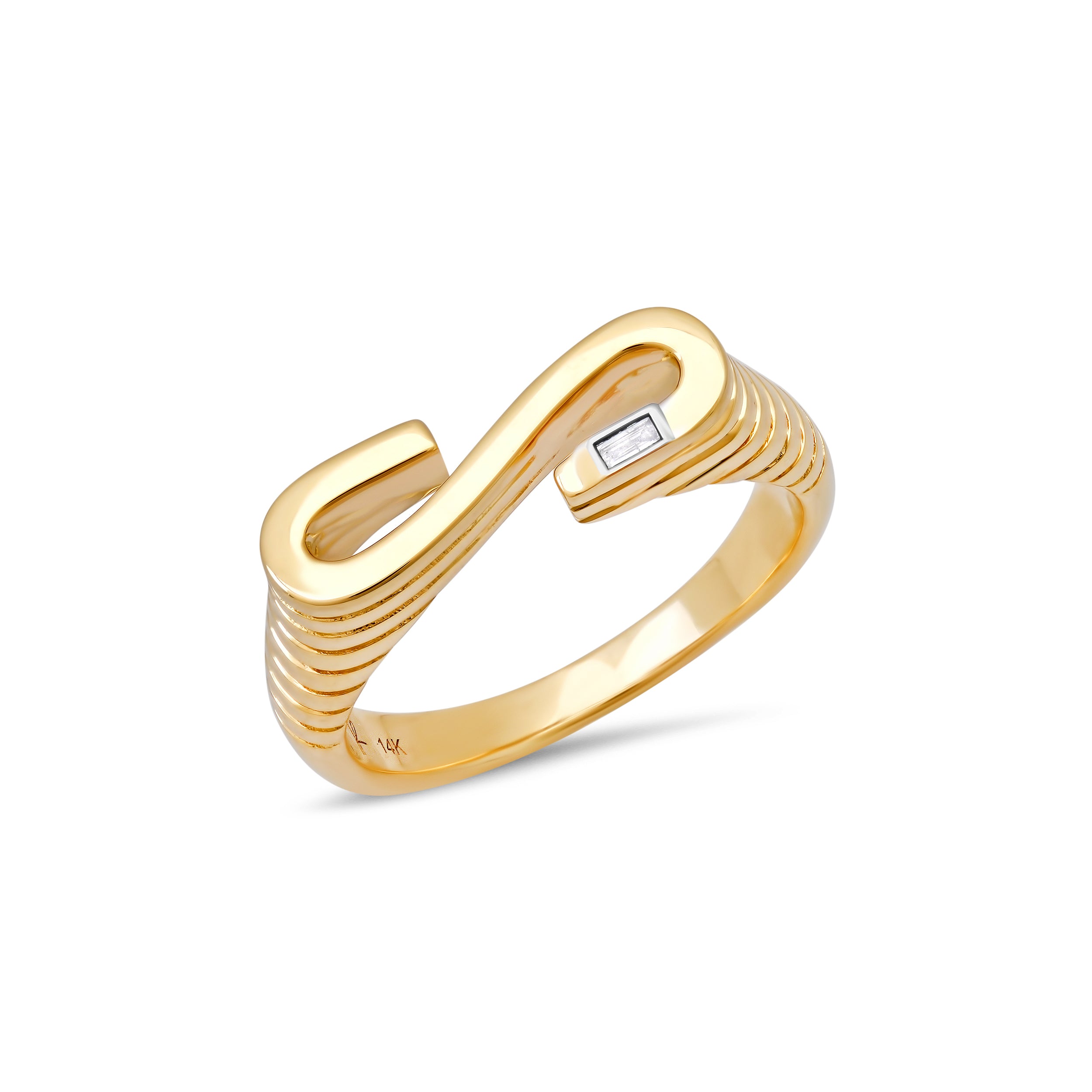 Ribbed Chunky Initial Ring with Diamond Baguette