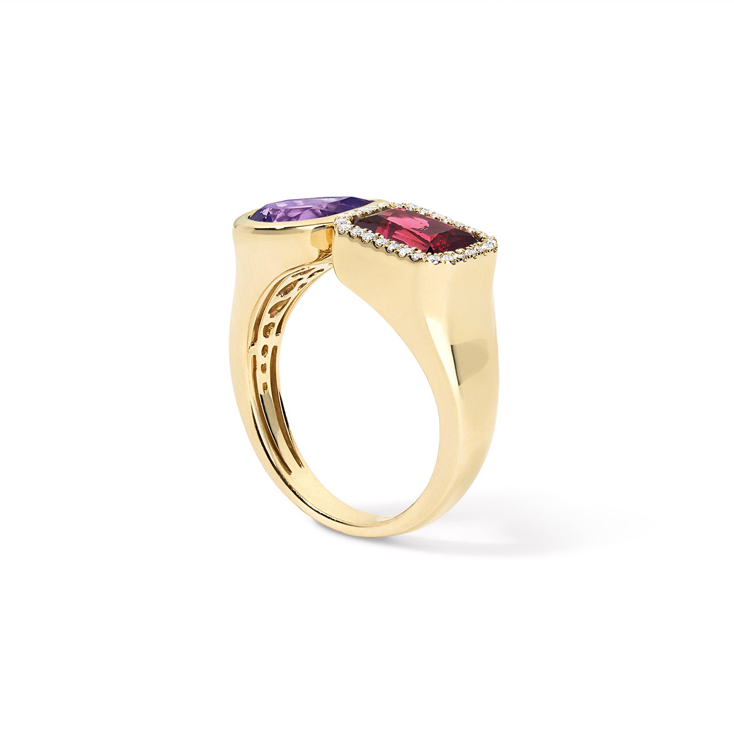 Rhodolite and Amethyst Toi Et Moi Ring with Diamond Halo