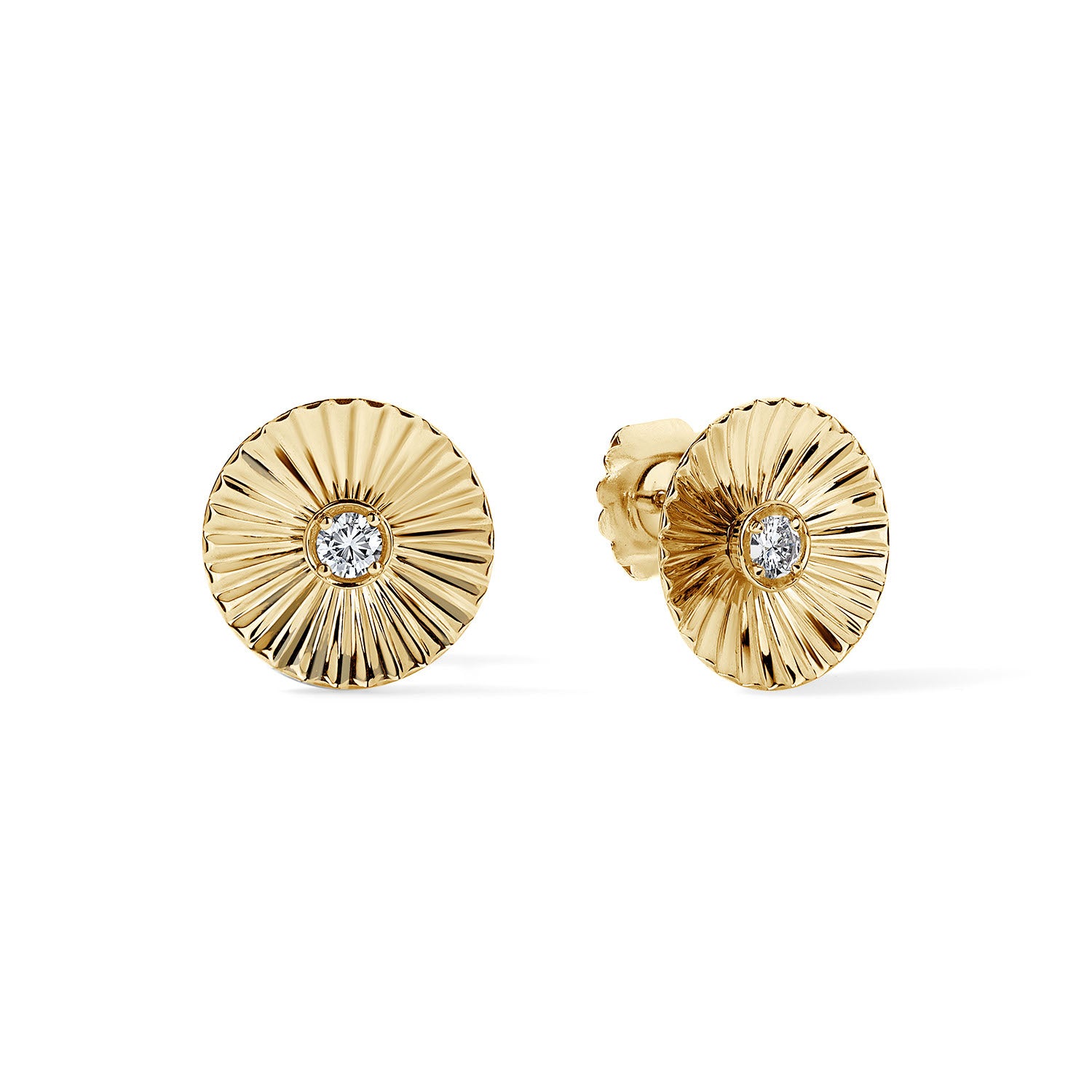 Gold and Diamond Fluted Round Large Stud Earrings
