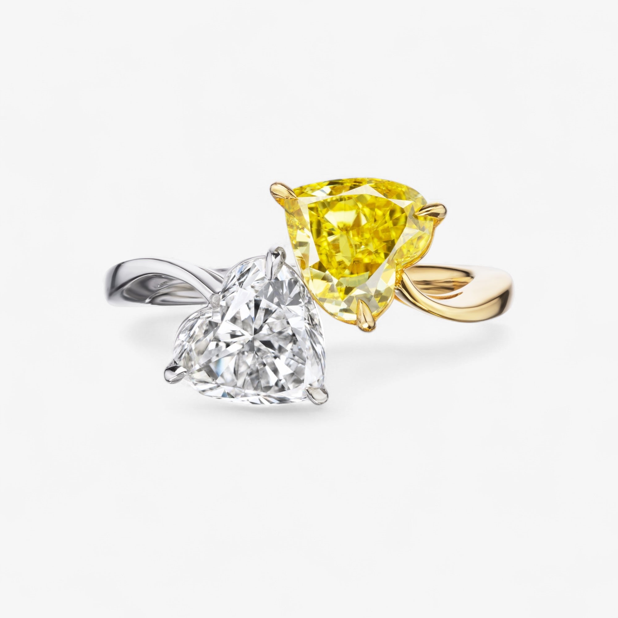 Yellow and White Heart Shape Twin Stone Diamond Ring