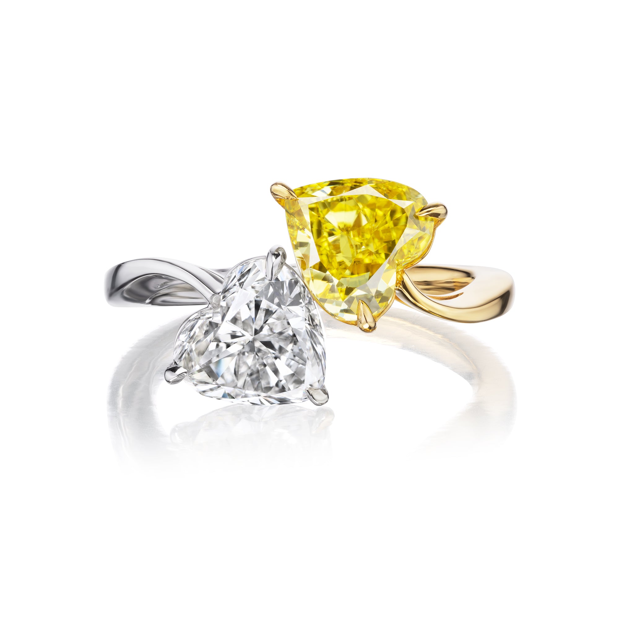 Yellow and White Heart Shape Twin Stone Diamond Ring