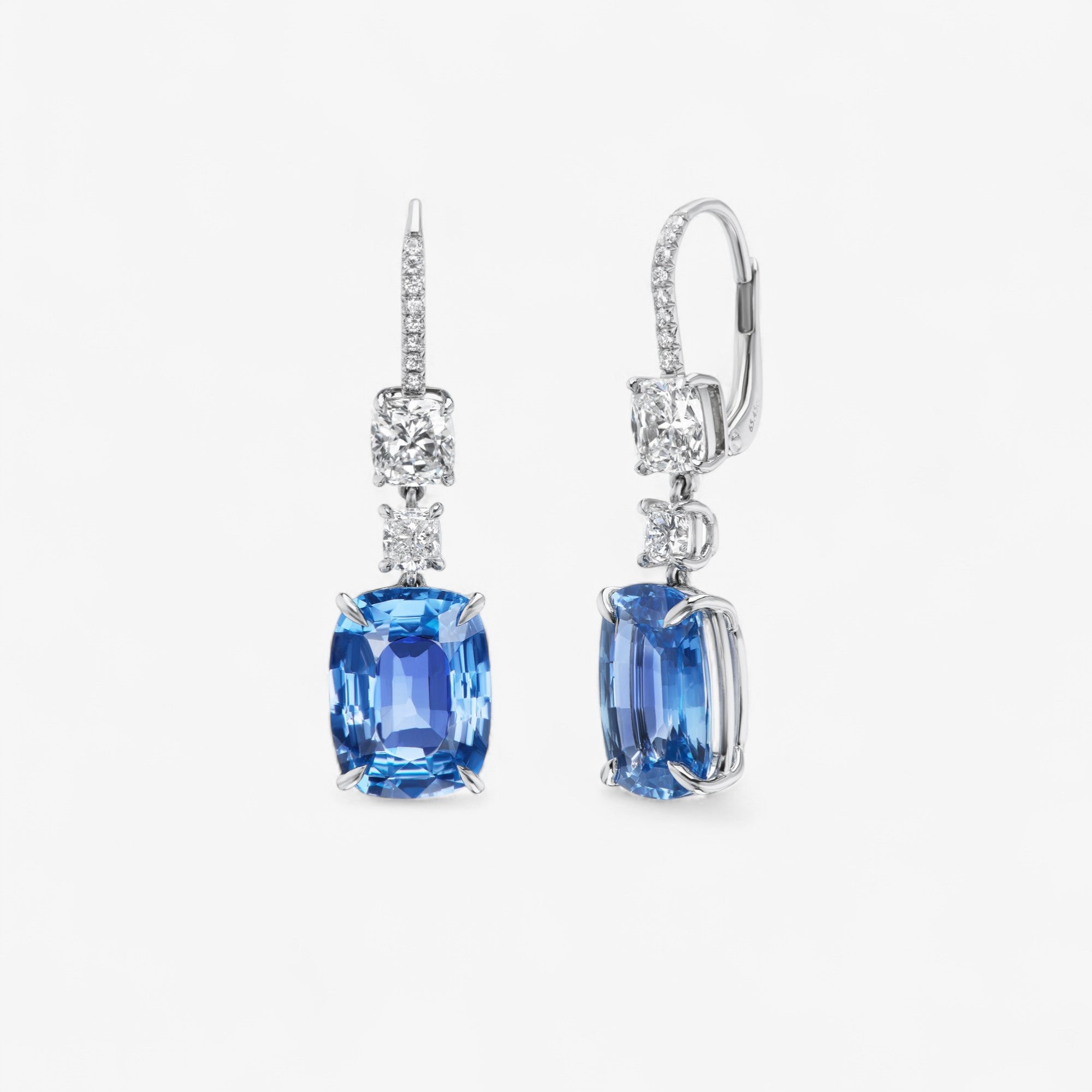 Blue Sapphire and White Cushion 
Diamond Drop Earrings