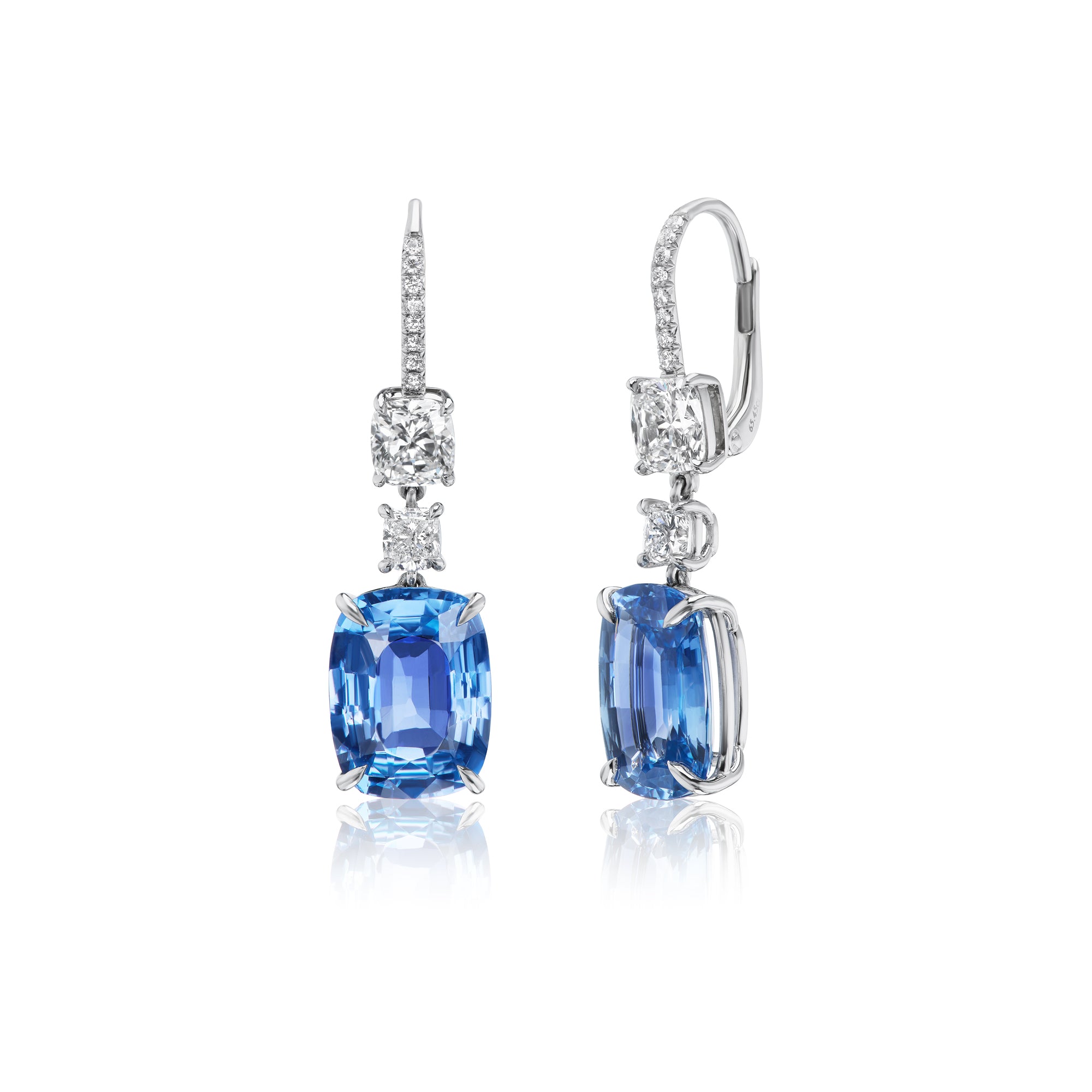 Blue Sapphire and White Cushion 
Diamond Drop Earrings