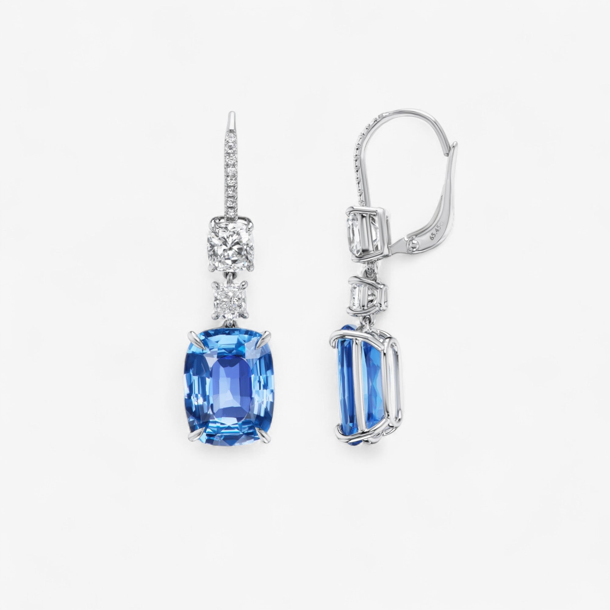 Blue Sapphire and White Cushion 
Diamond Drop Earrings