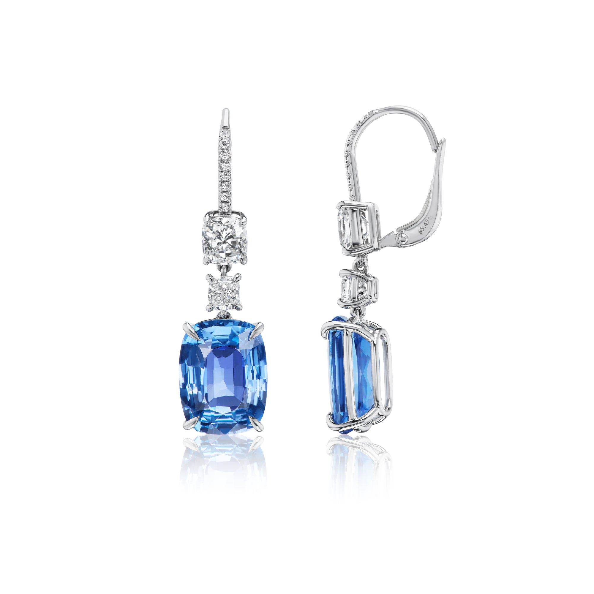 Blue Sapphire and White Cushion 
Diamond Drop Earrings