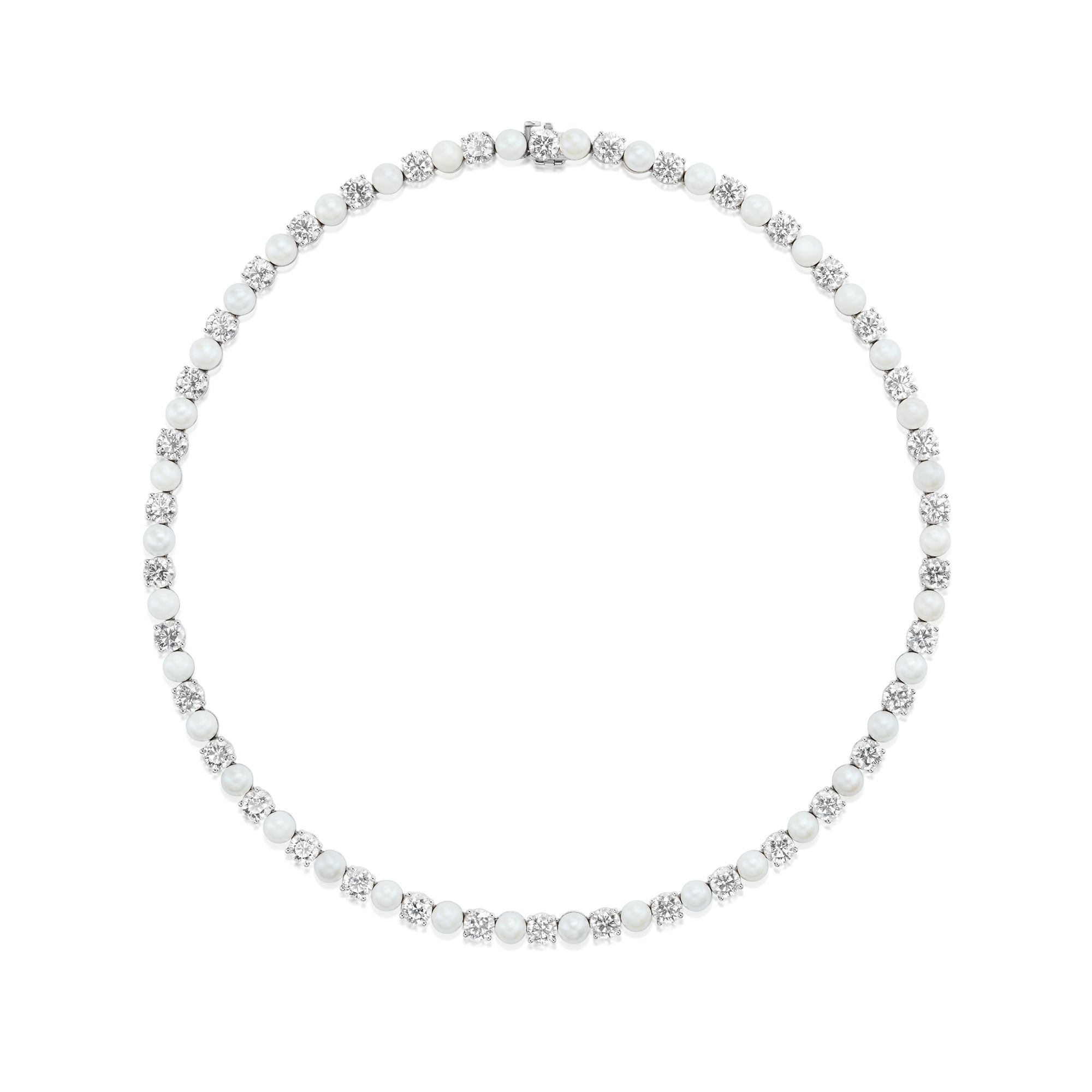 Alternating Pearl and Diamond Tennis Necklace