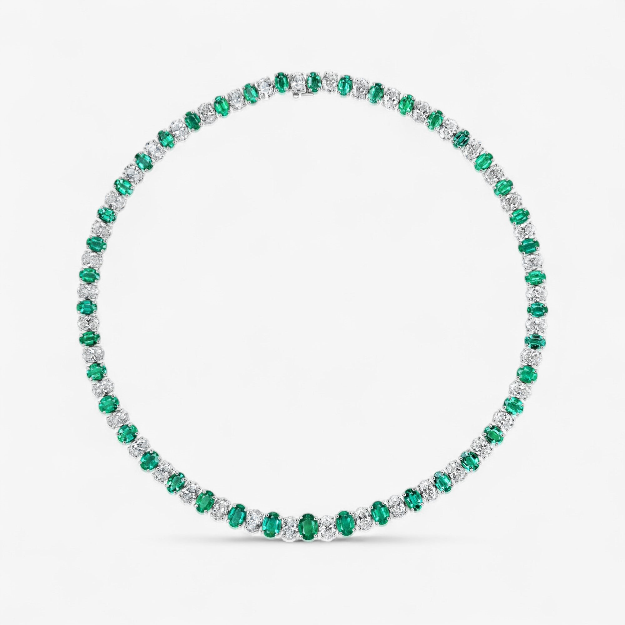 Emerald and Diamond Oval Shape Tennis Necklace