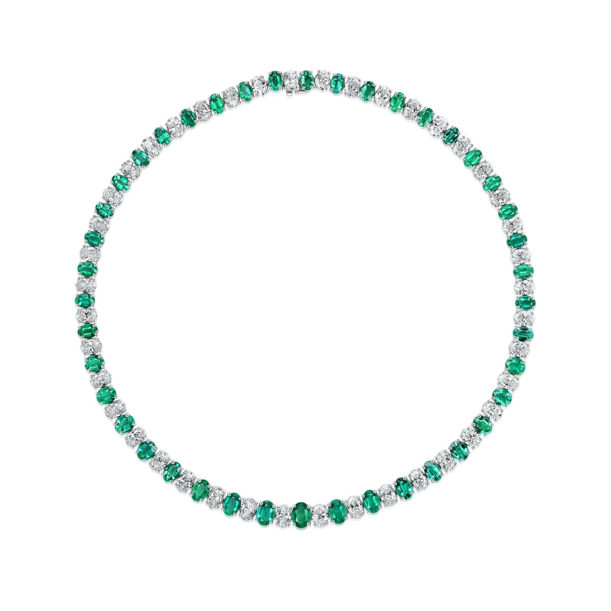 Emerald and Diamond Oval Shape Tennis Necklace