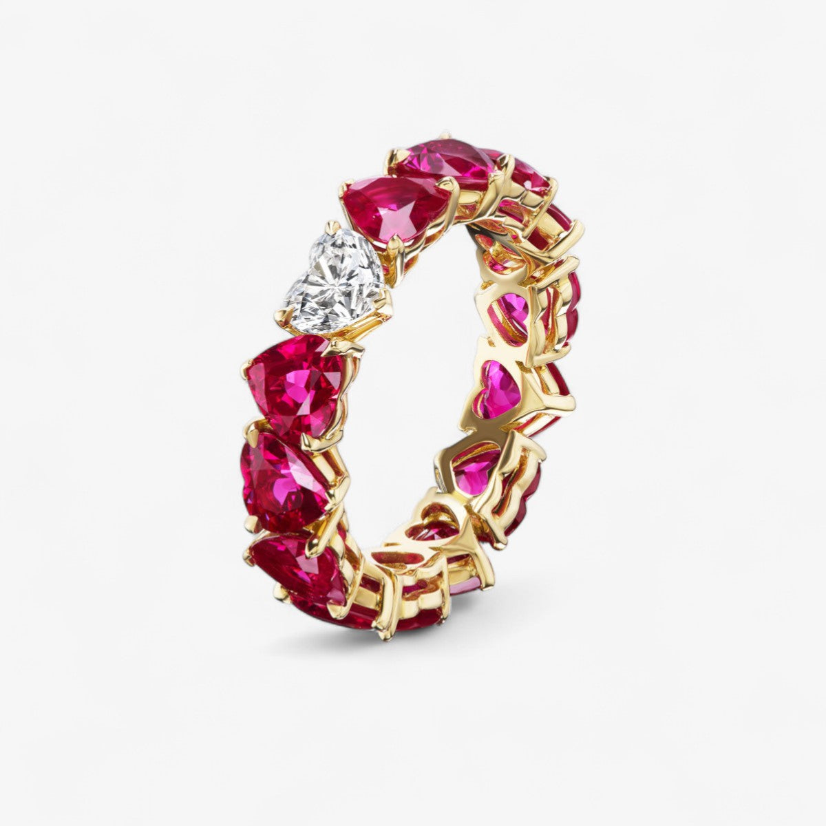 Heart Shaped Burmese Ruby and Diamond Eternity Band