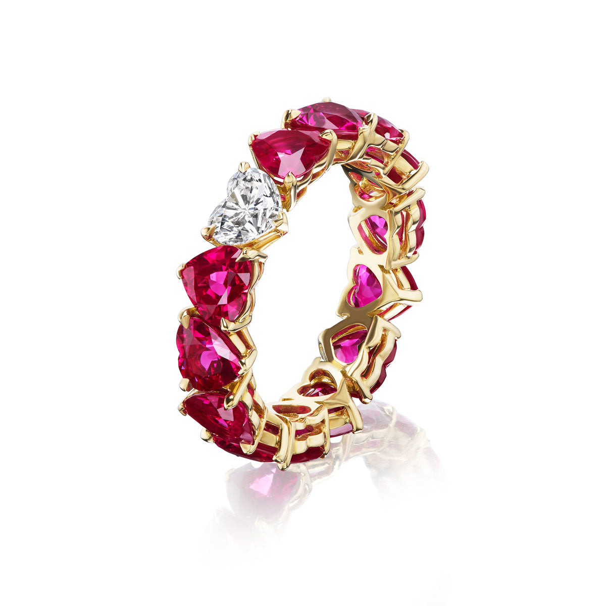 Heart Shaped Burmese Ruby and Diamond Eternity Band