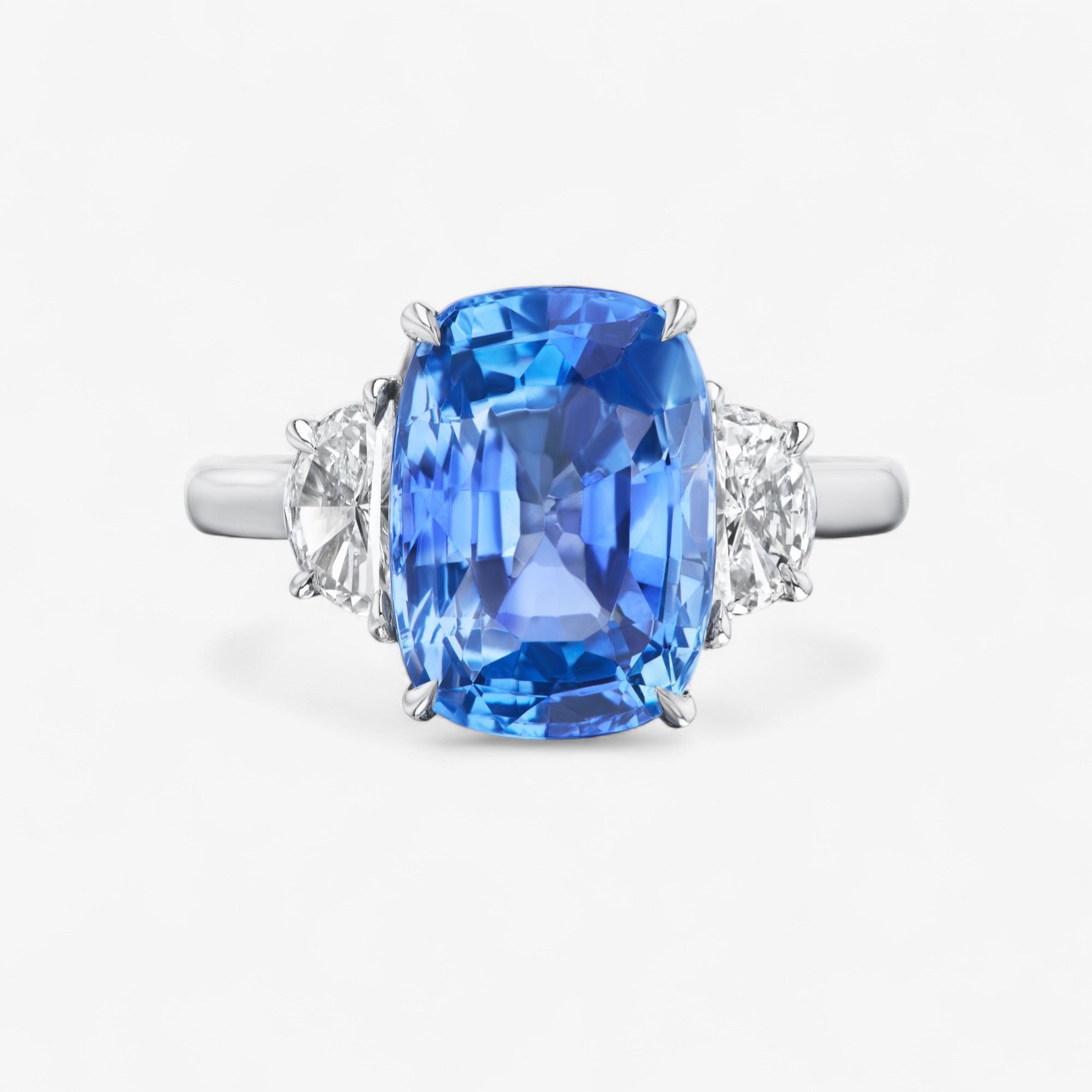 Blue Sapphire Cushion Three Stone Ring