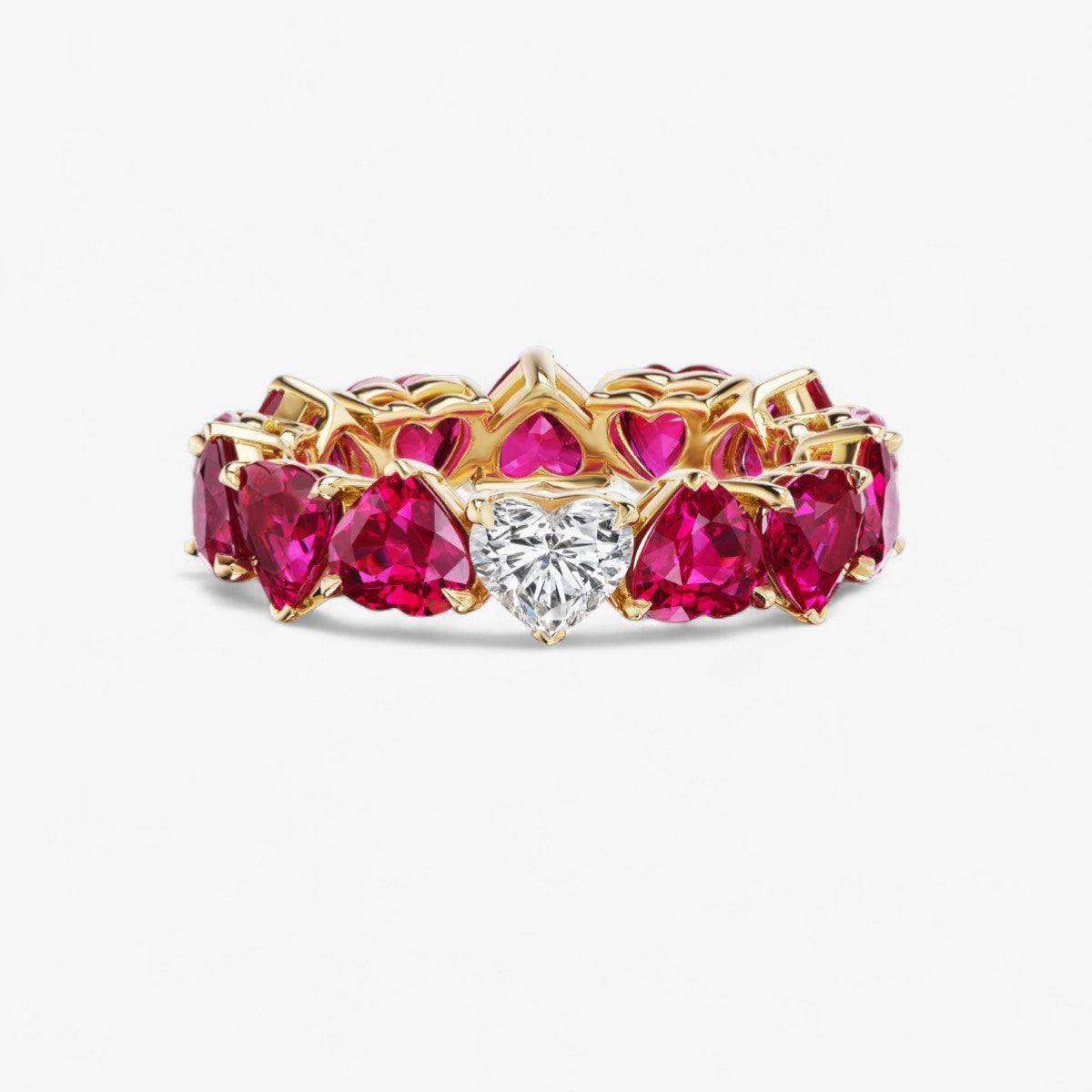 Heart Shaped Burmese Ruby and Diamond Eternity Band