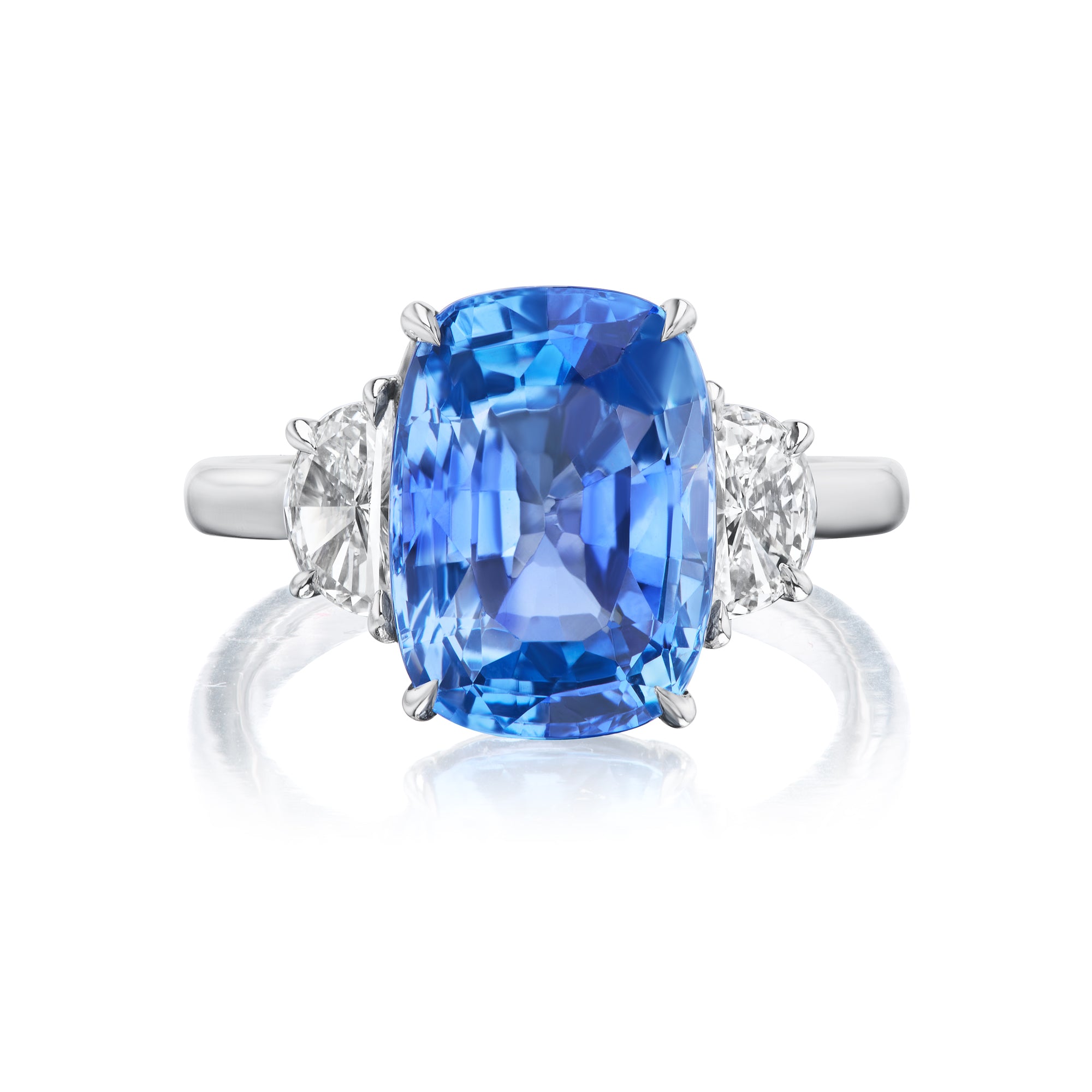 Blue Sapphire Cushion Three Stone Ring