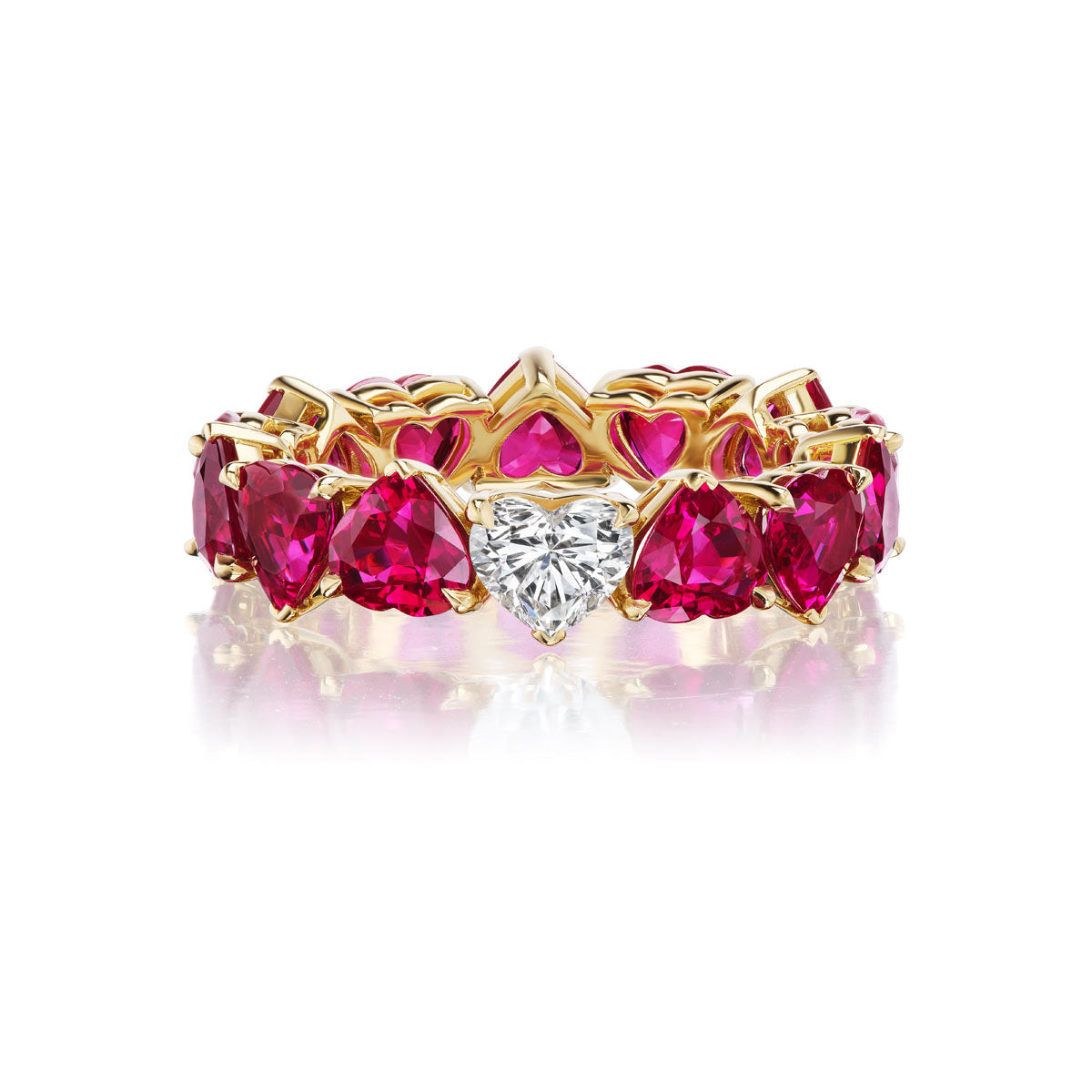 Heart Shaped Burmese Ruby and Diamond Eternity Band