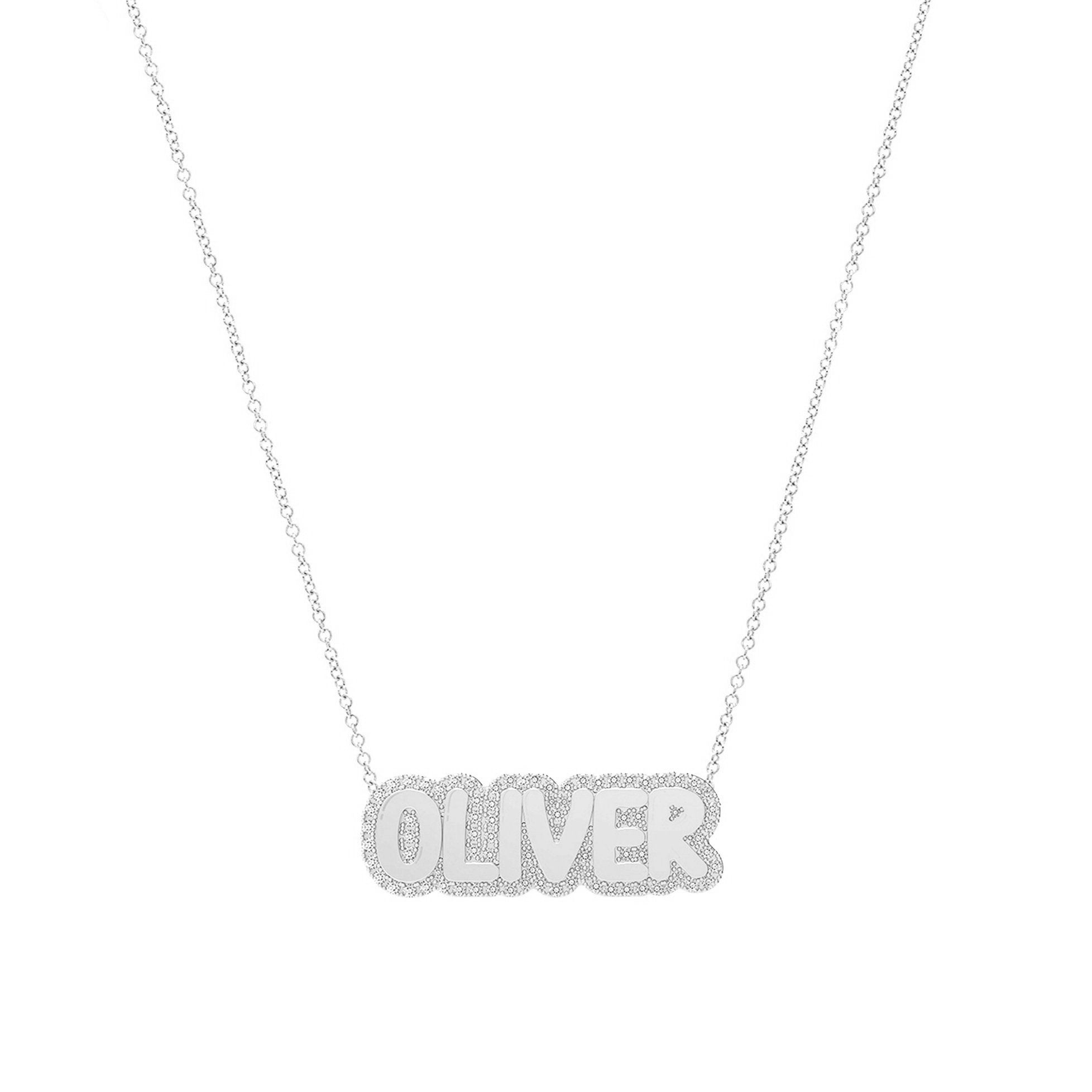 Sterling Silver Small Bubble Name with Pave Outline Necklace