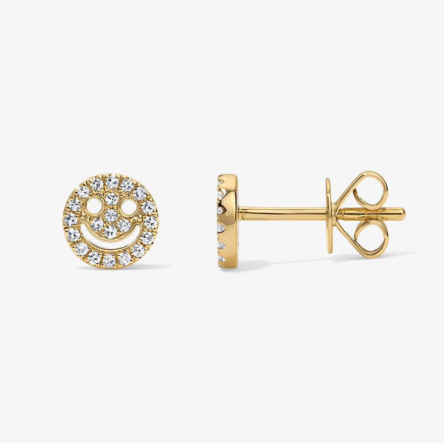 Mini Token Pave Smiley Face Studs 14K Yellow Gold Pair