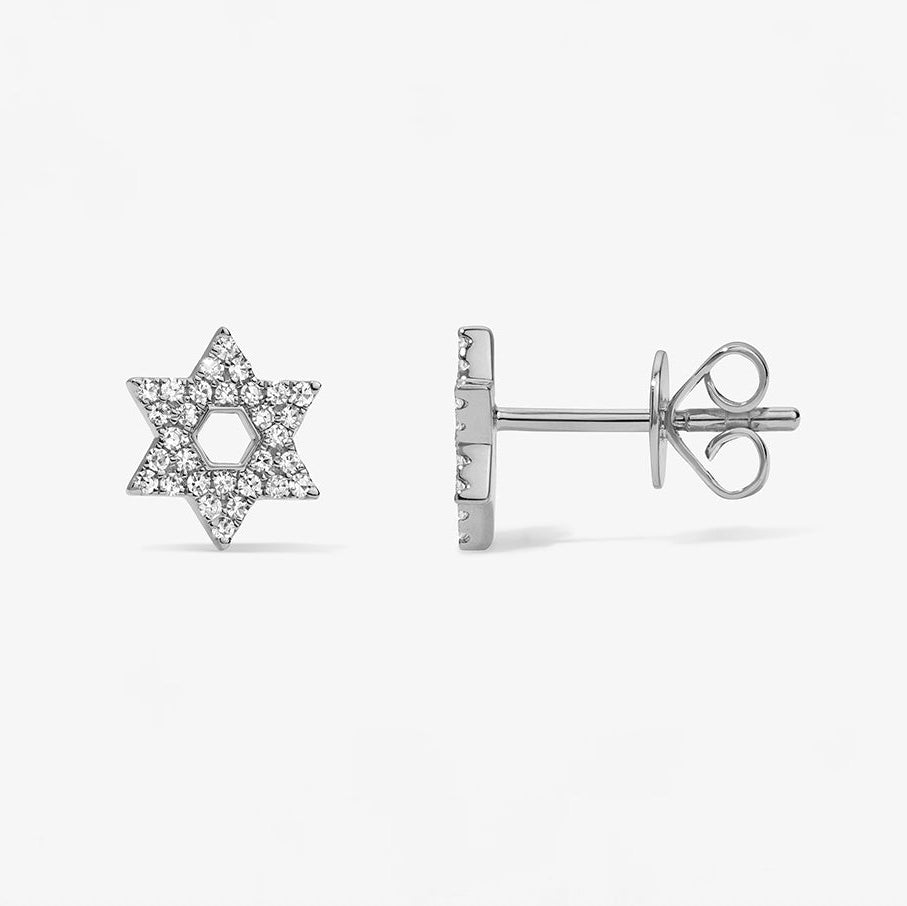 Mini Token Pave Star of David Studs 14K White Gold Pair