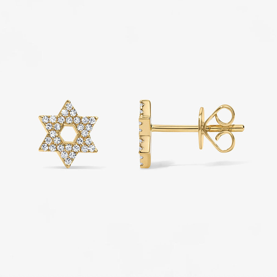 Mini Token Pave Star of David Studs 14K Yellow Gold Pair