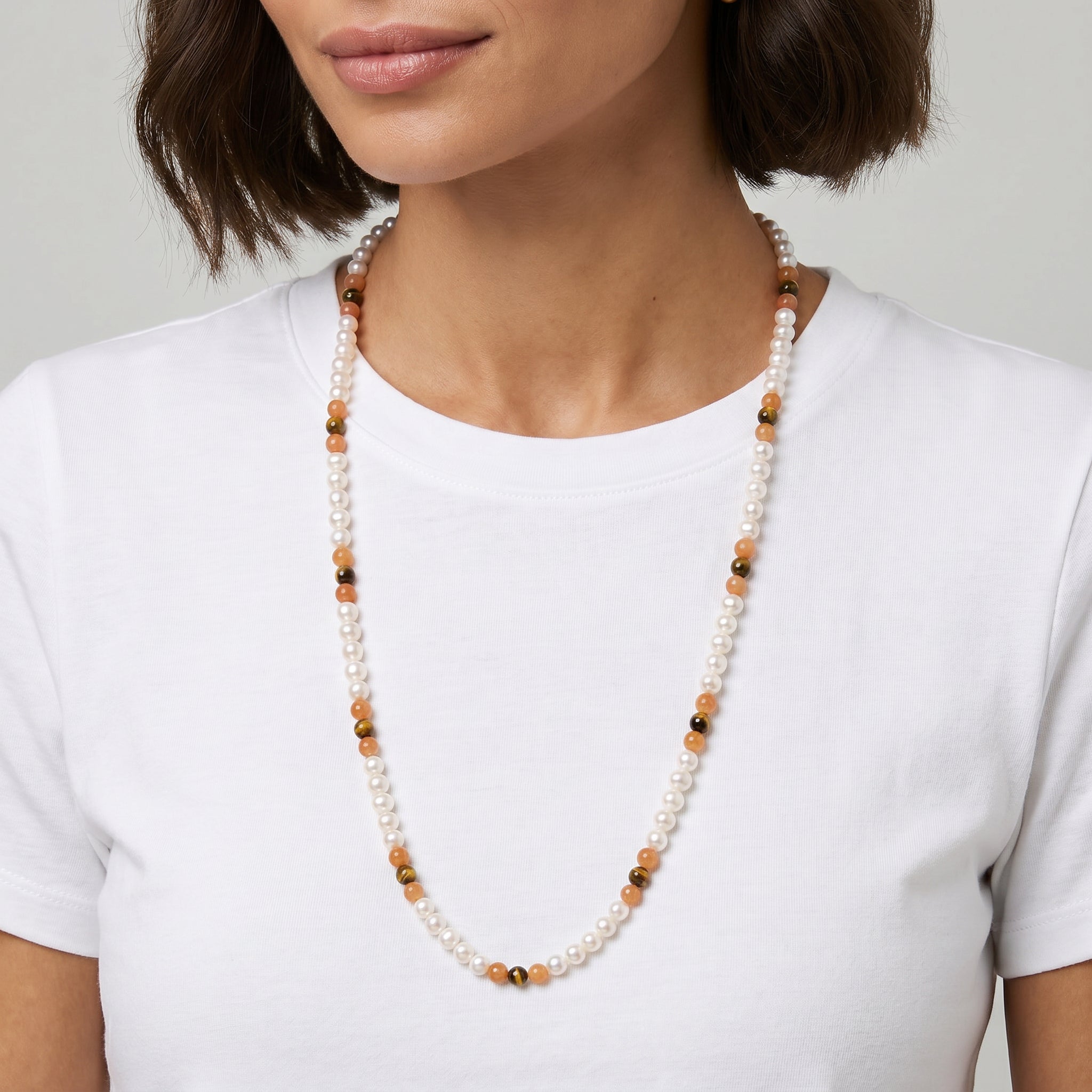 Kendall Pearl Necklace with Tigers Eye & Red Aventurine