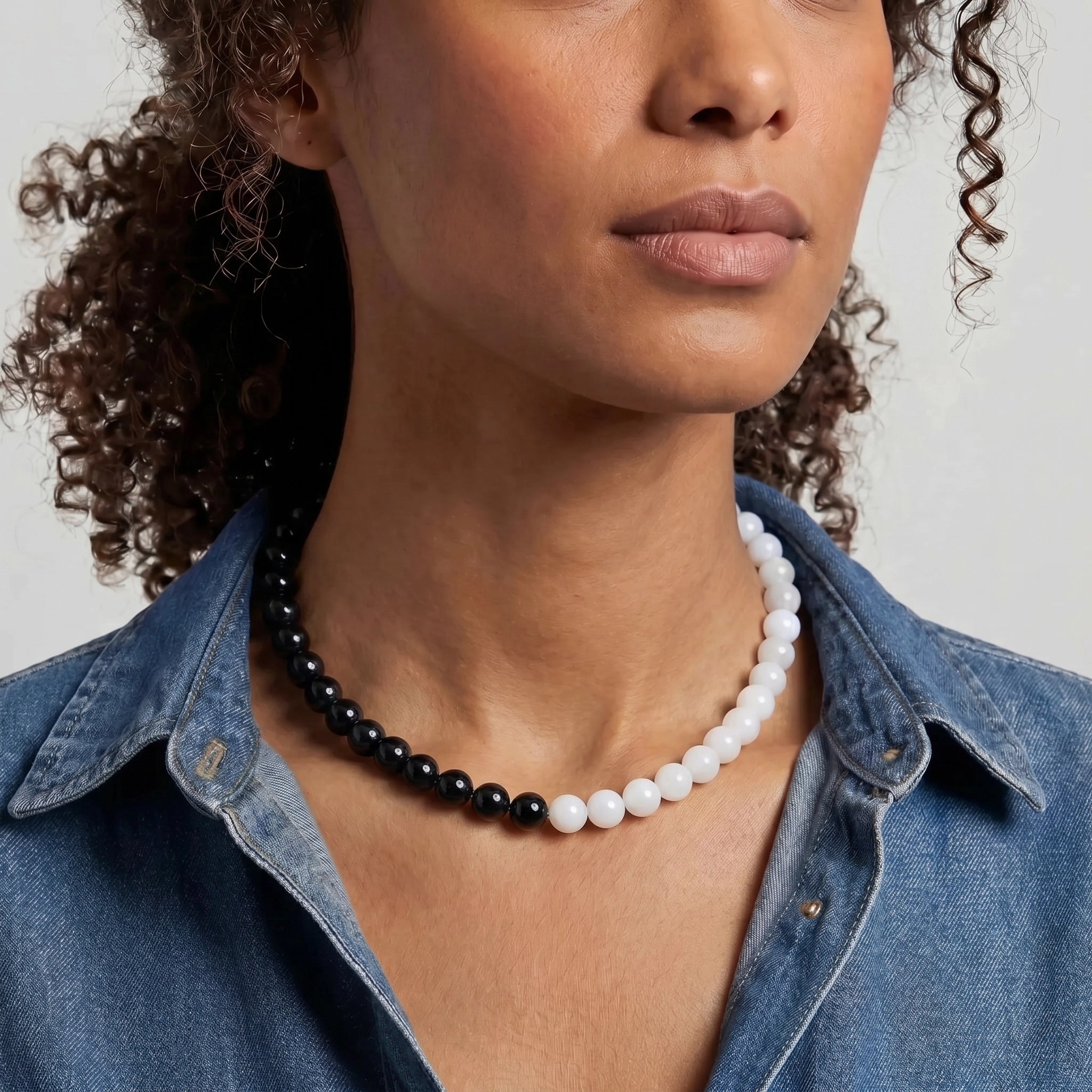 Kendall Two Tone White Agate and Black Agate Beaded Necklace