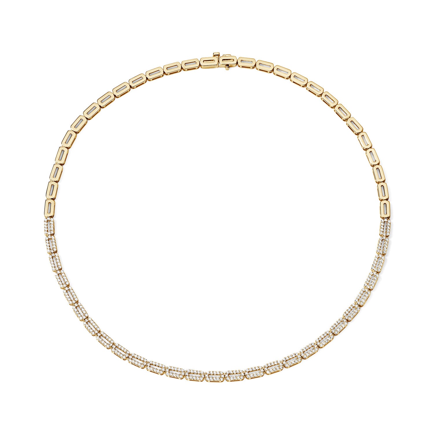 Gold and Half Pave Rectangular Link Necklace