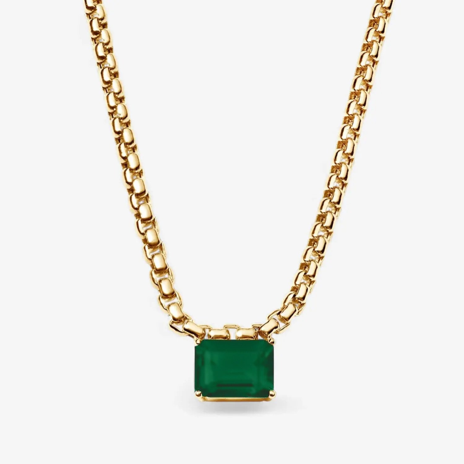 Avery Gemstone Box Chain Necklace 14K Yellow Gold Emerald