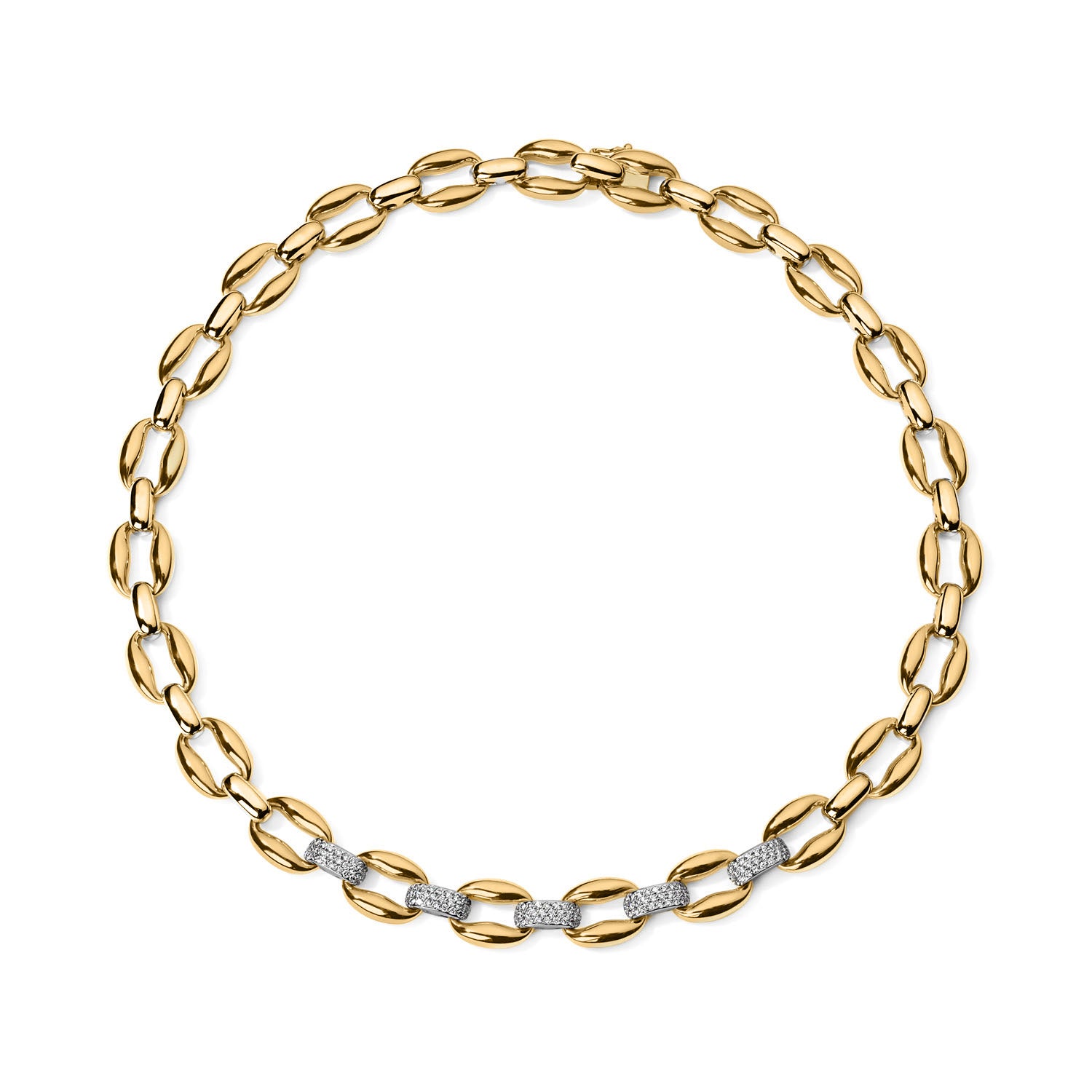 Gold and Pave Oval Link Necklace with 5 Pave Sections