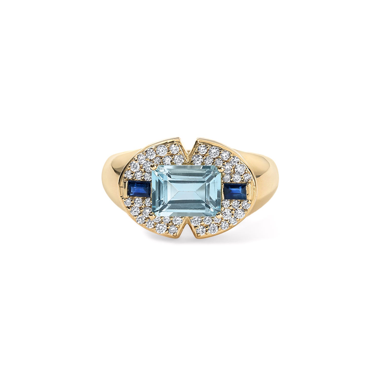 Blue Topaz Emerald Cut and Blue Sapphire Signet Ring with Diamond Pave