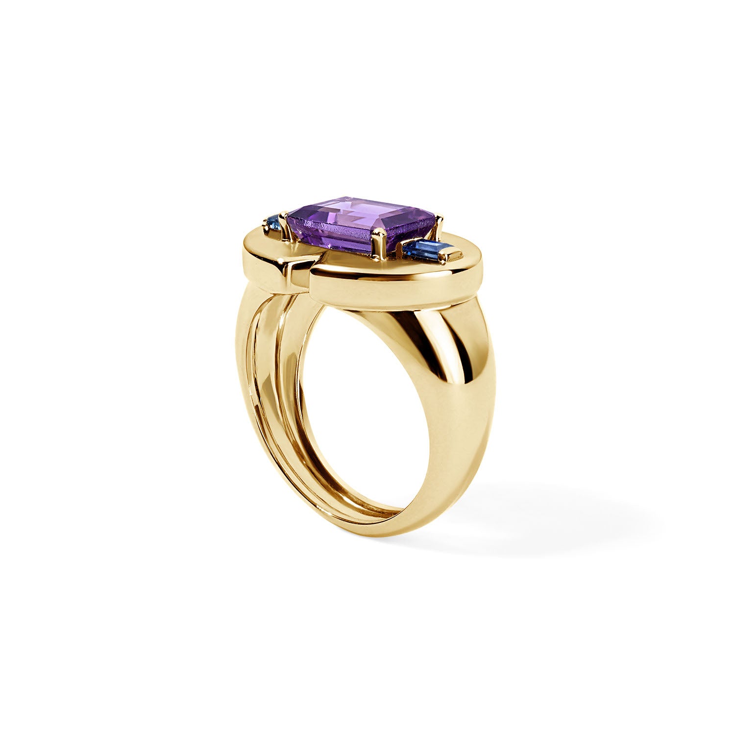 Amethyst Emerald Cut and Blue Sapphire Signet Ring