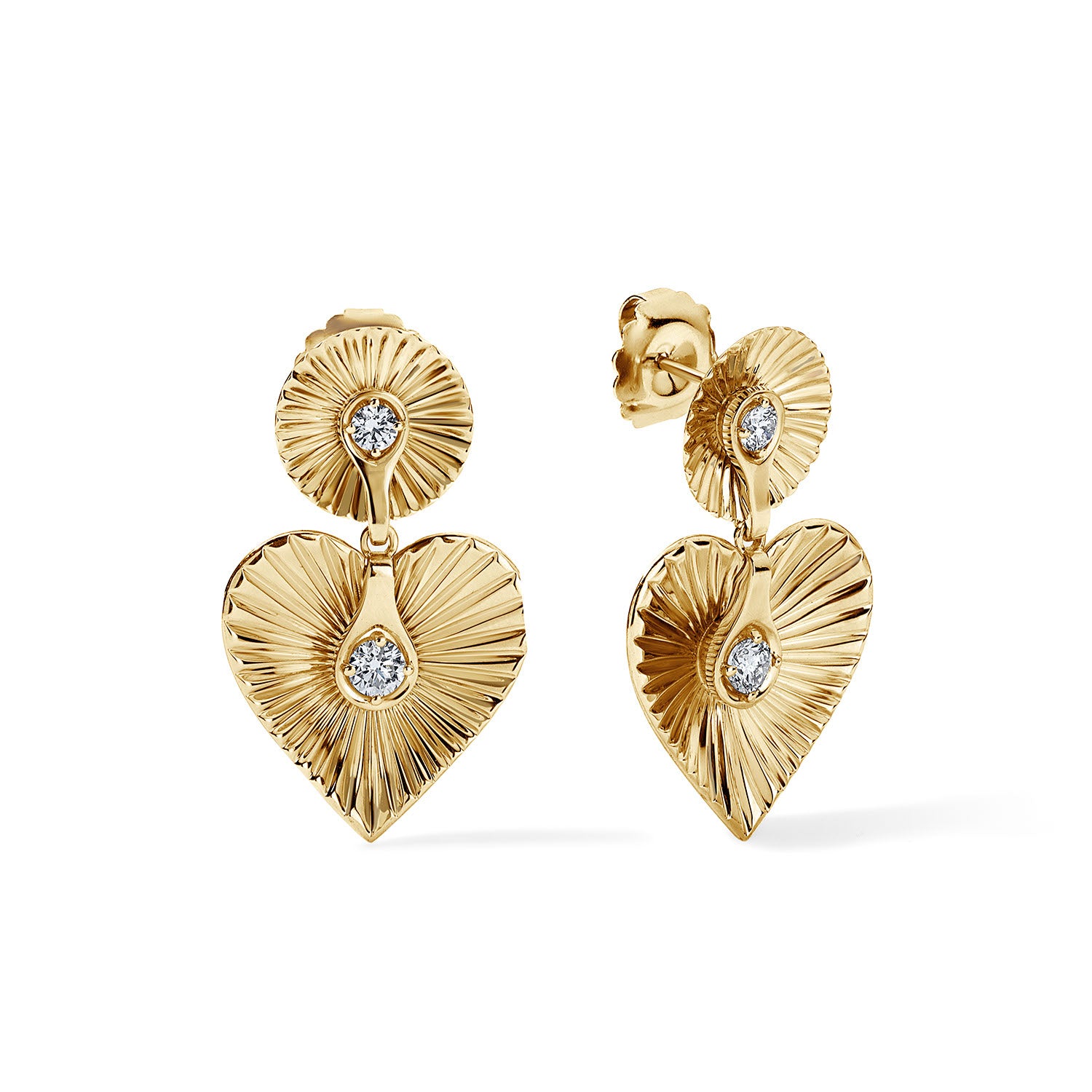Gold and Diamond Fluted Round Heart Drop Earrings