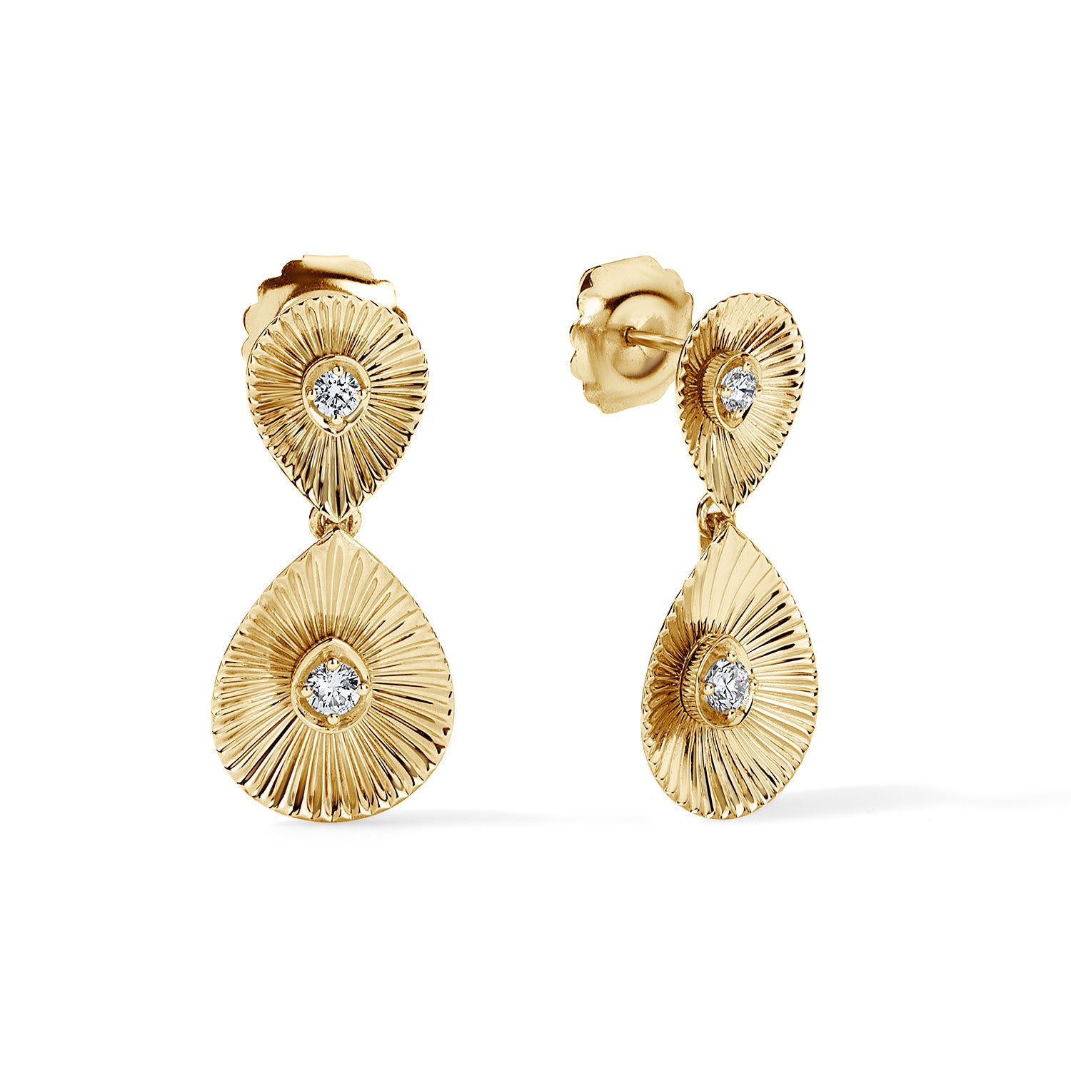 Gold and Diamond Fluted Pear Drop Earrings