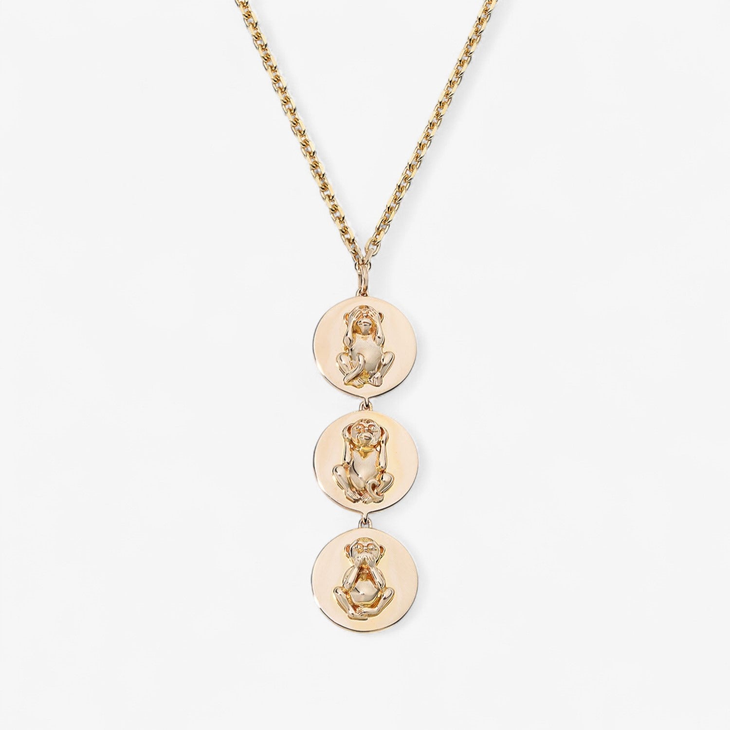 Gold Wise Monkey Medallion Drop Necklace