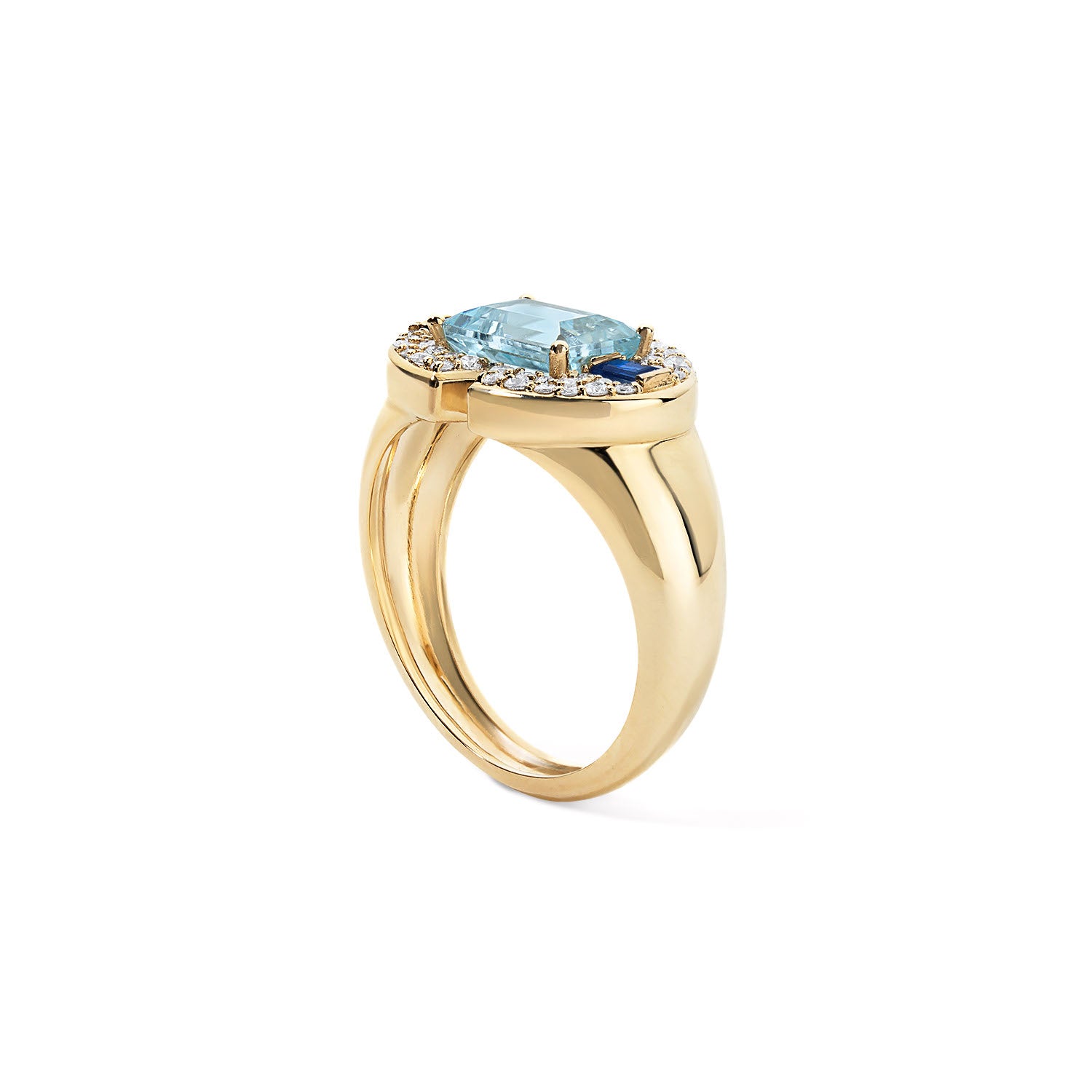 Blue Topaz Emerald Cut and Blue Sapphire Signet Ring with Diamond Pave