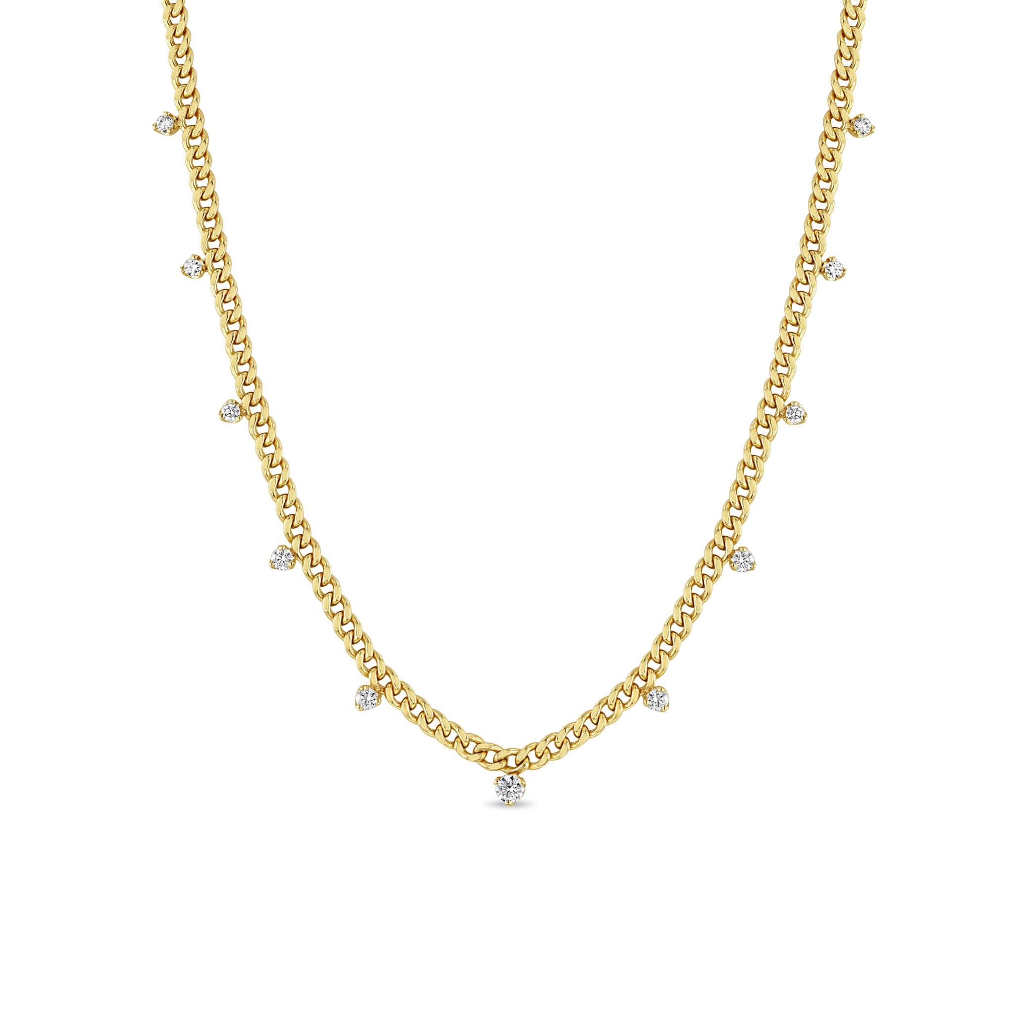 Small Curb Chain Necklace with 11 Graduating Prong Set Diamonds