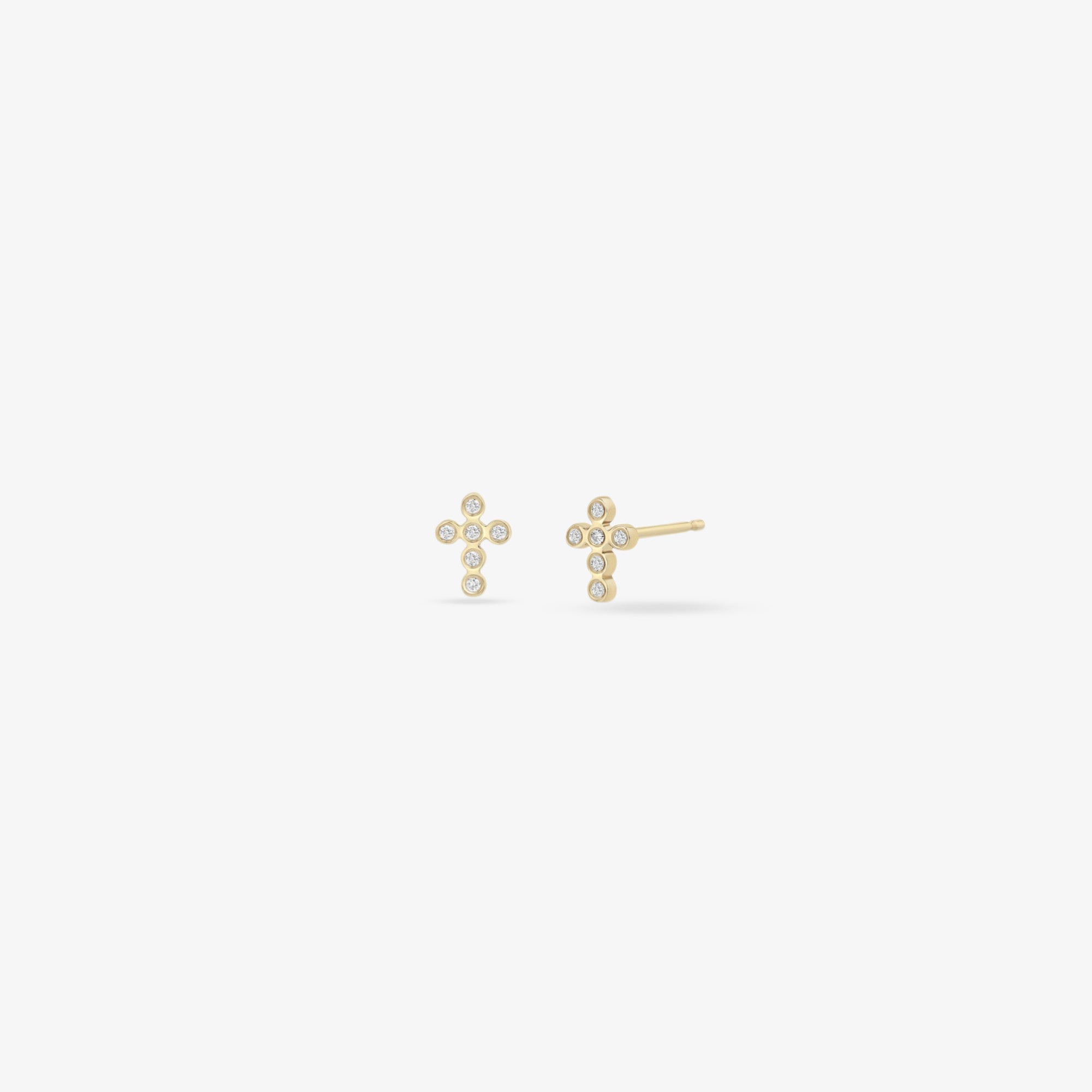 tiny bezel diamond cross studs in yg pair