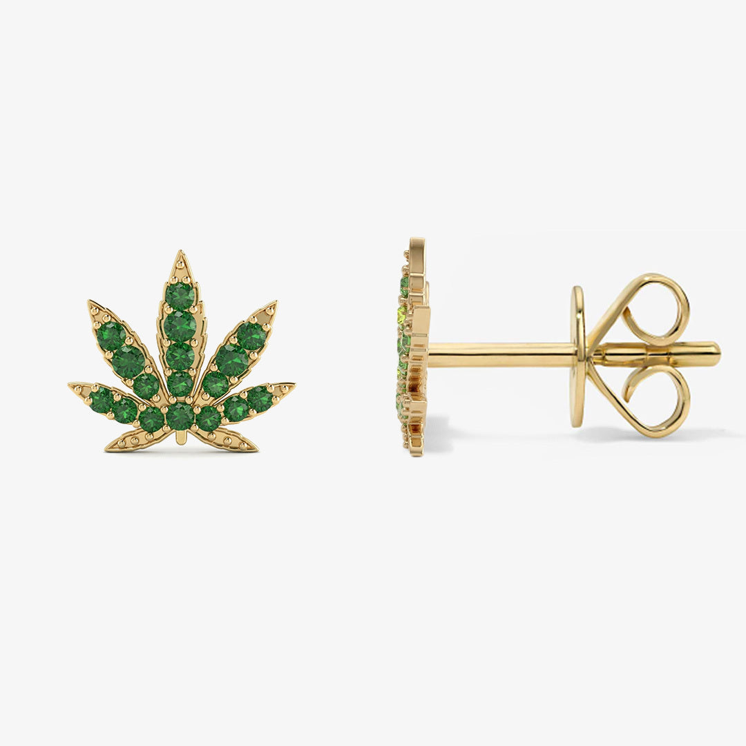 Mini Token Marijuana Studs 14K Yellow Gold
